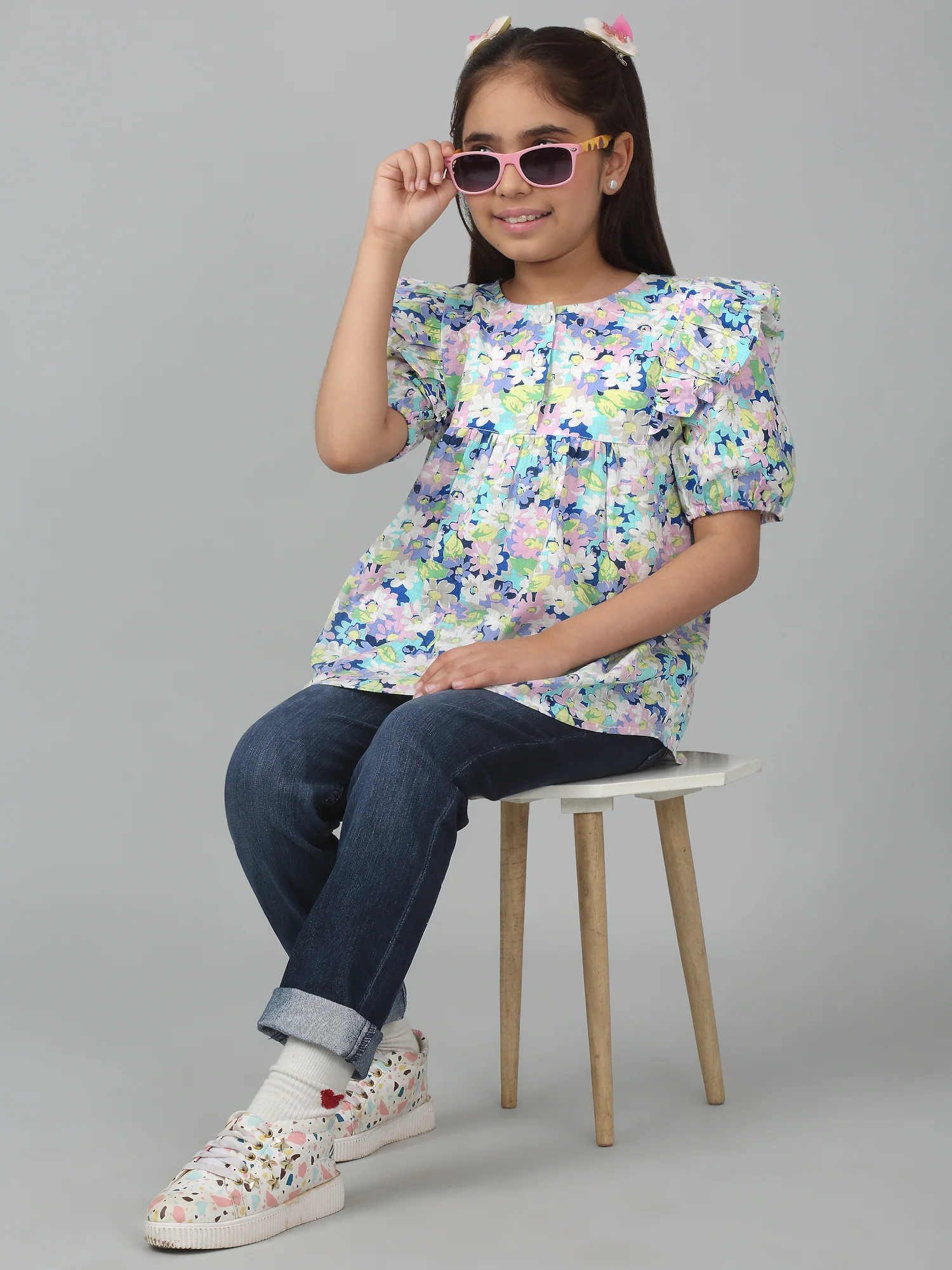 Girls Casual Multi colored  Puffed Half Sleeves  Top - Image 6
