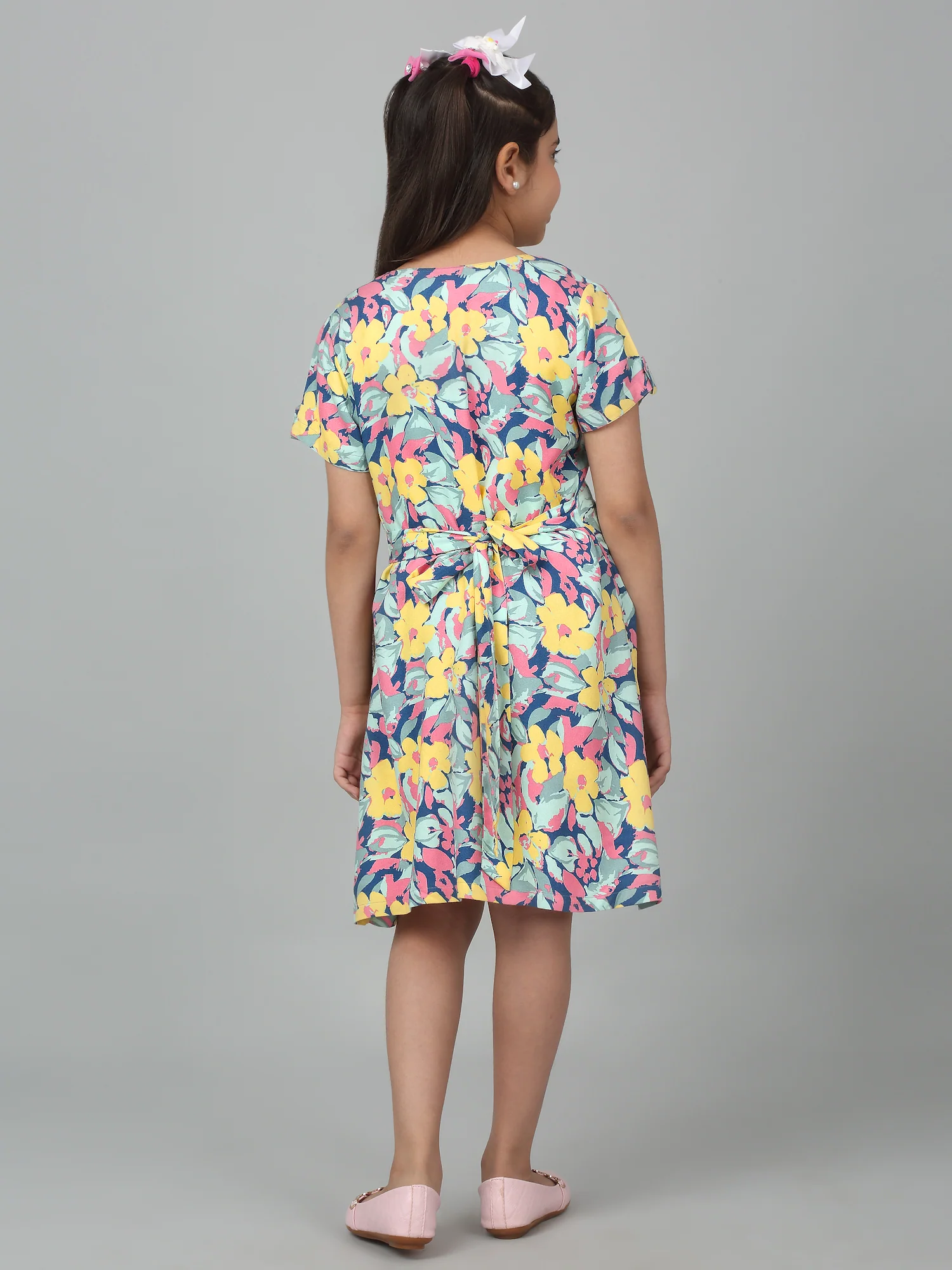 Girls Multicolor Half Sleeves Floral Print Dress - Image 2