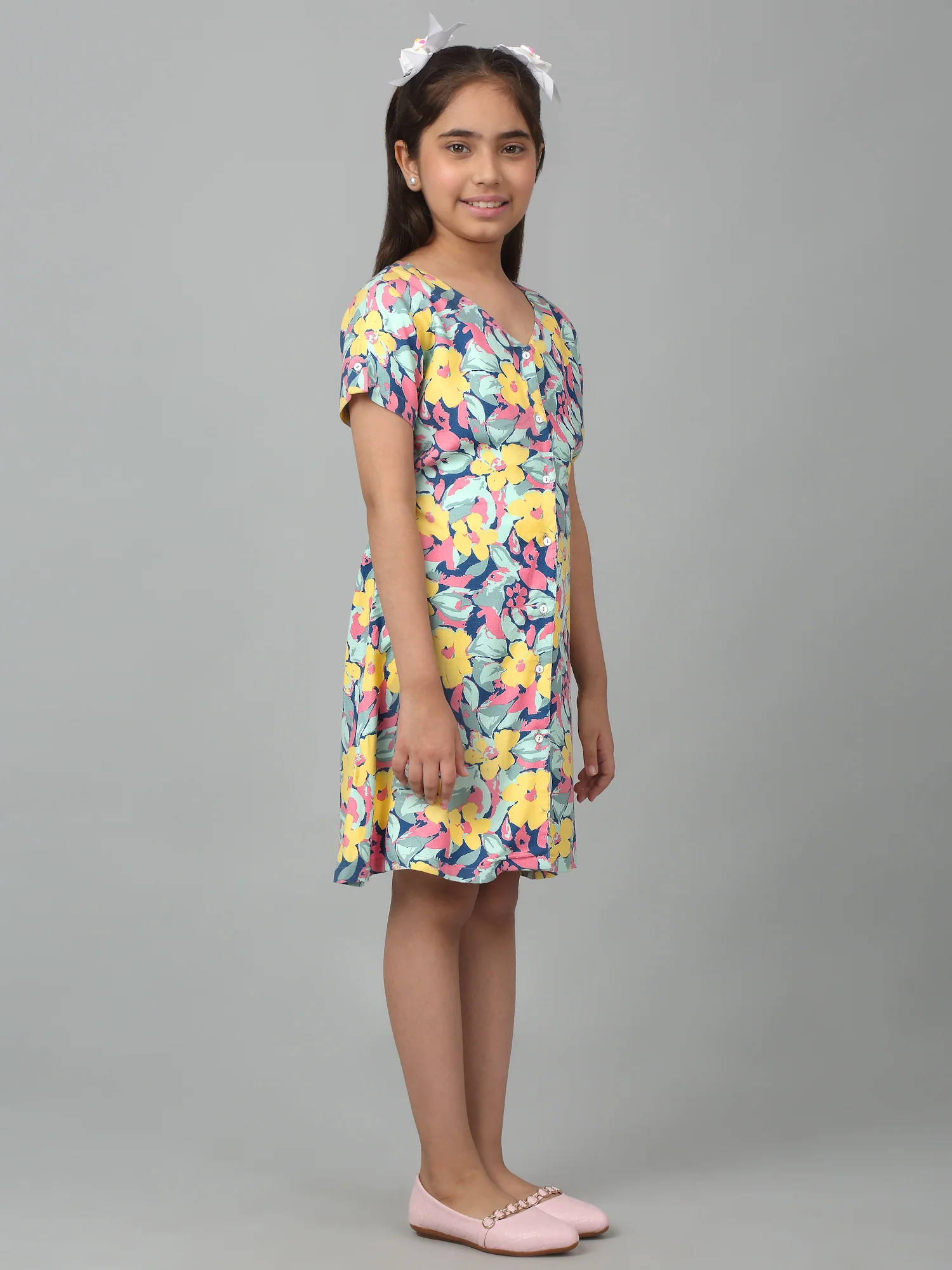 Girls Multicolor Half Sleeves Floral Print Dress - Image 3
