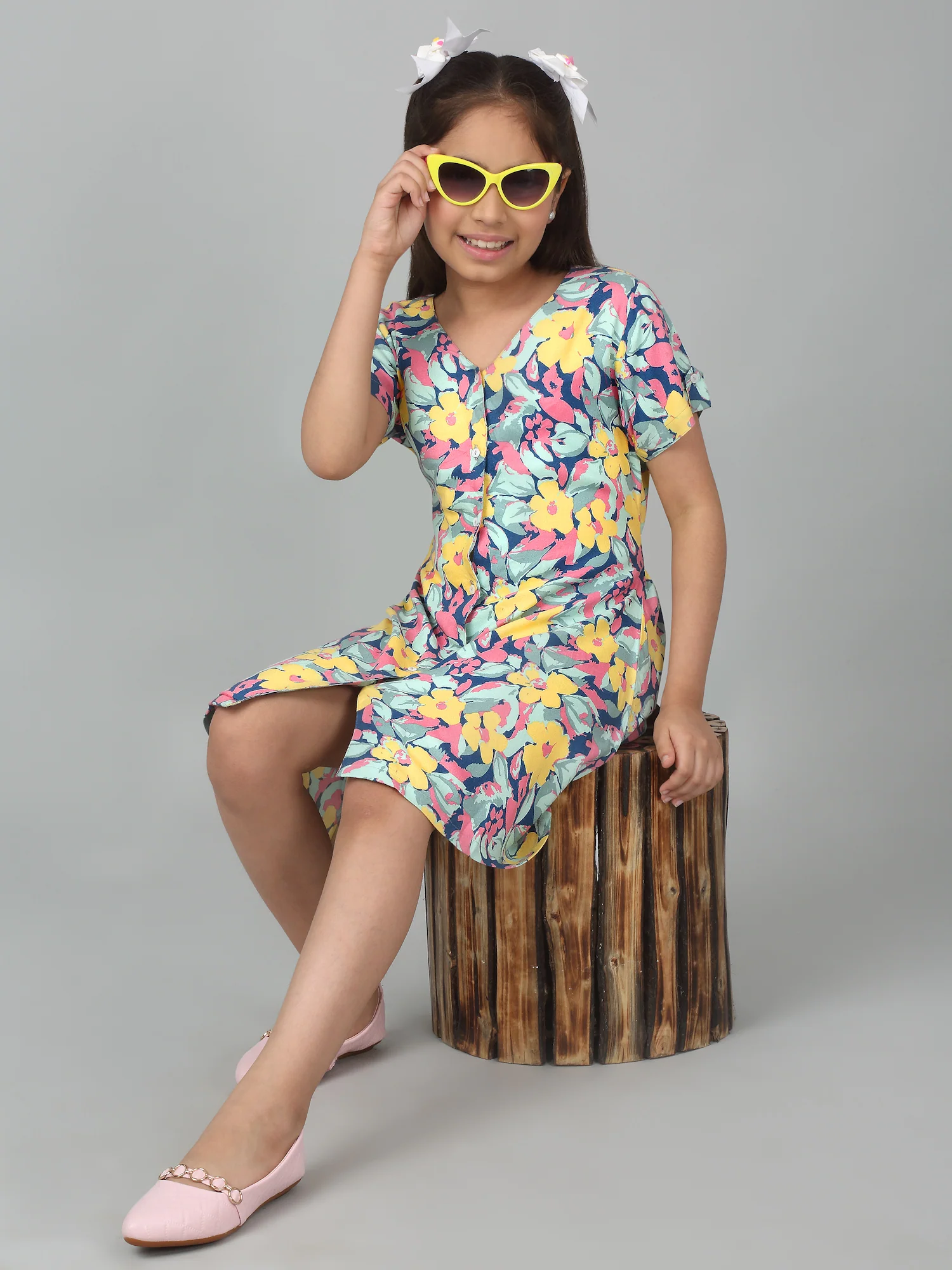Girls Multicolor Half Sleeves Floral Print Dress - Image 6