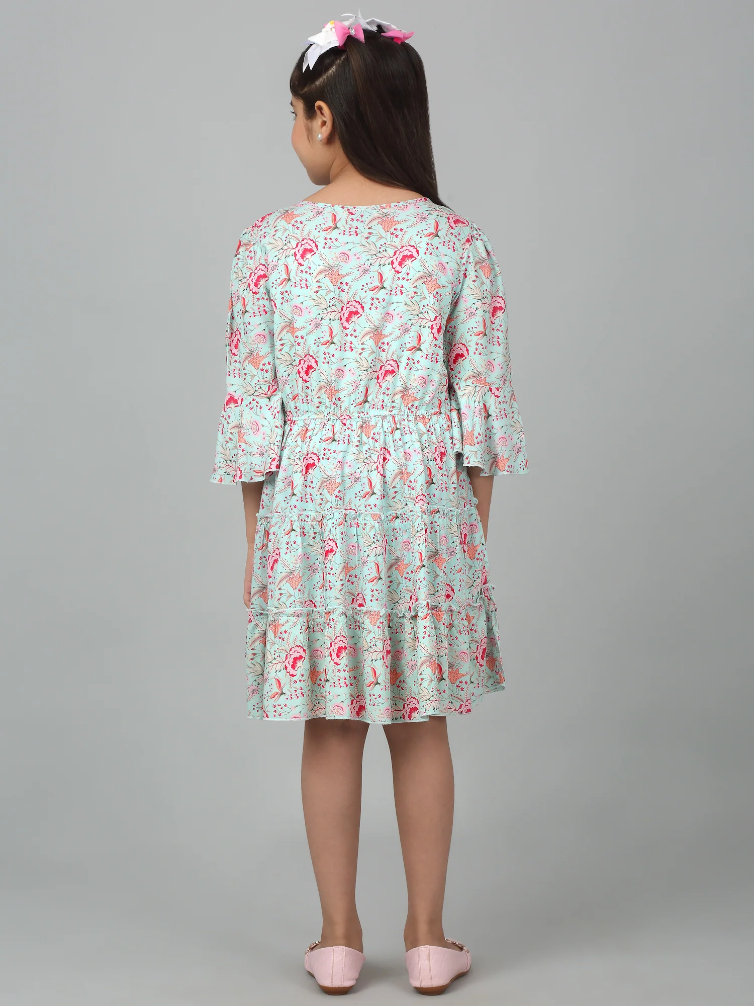 Girl's Multicolor Knee Length Floral Printed Dress - Image 2