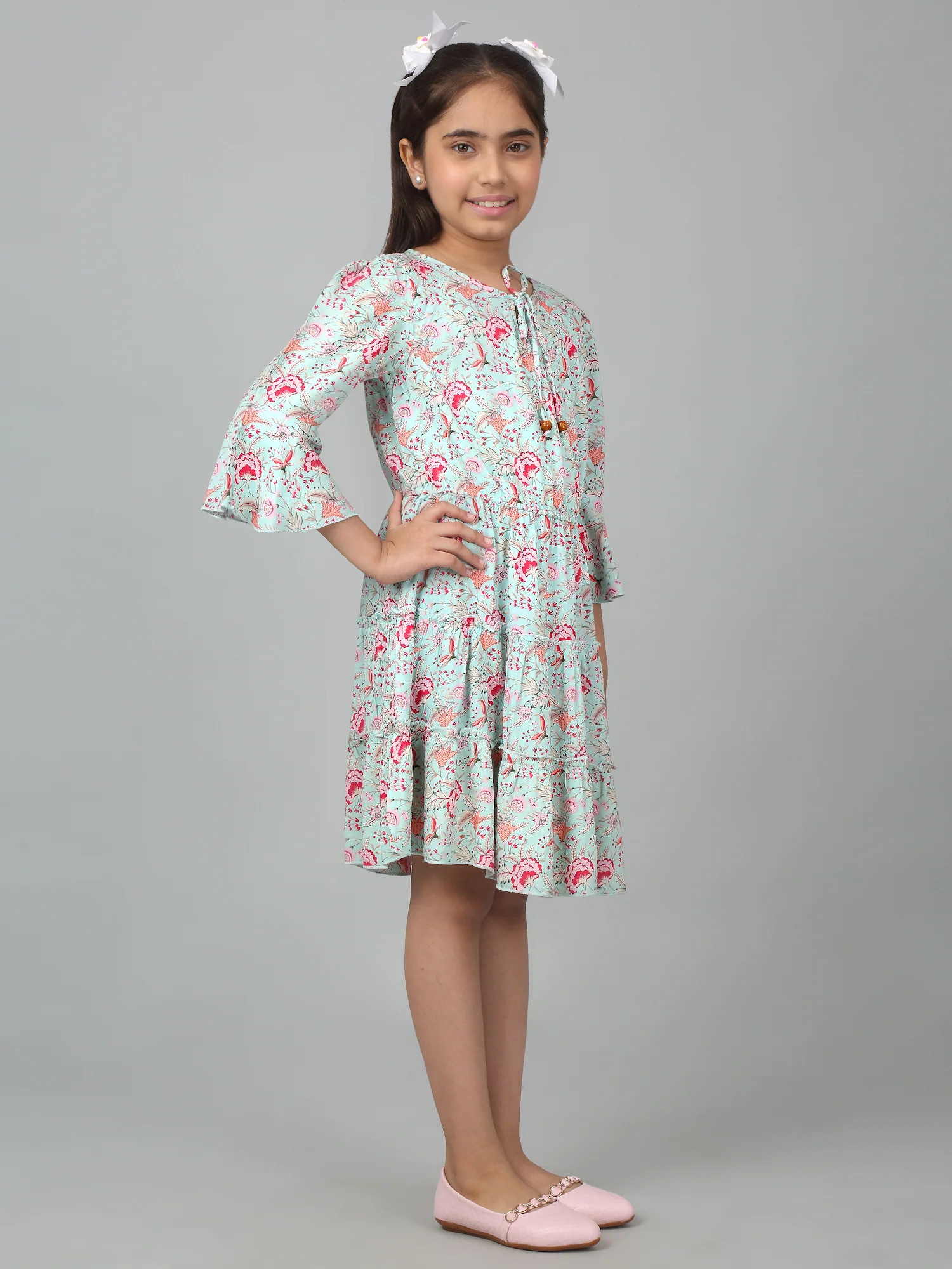 Girl's Multicolor Knee Length Floral Printed Dress - Image 3