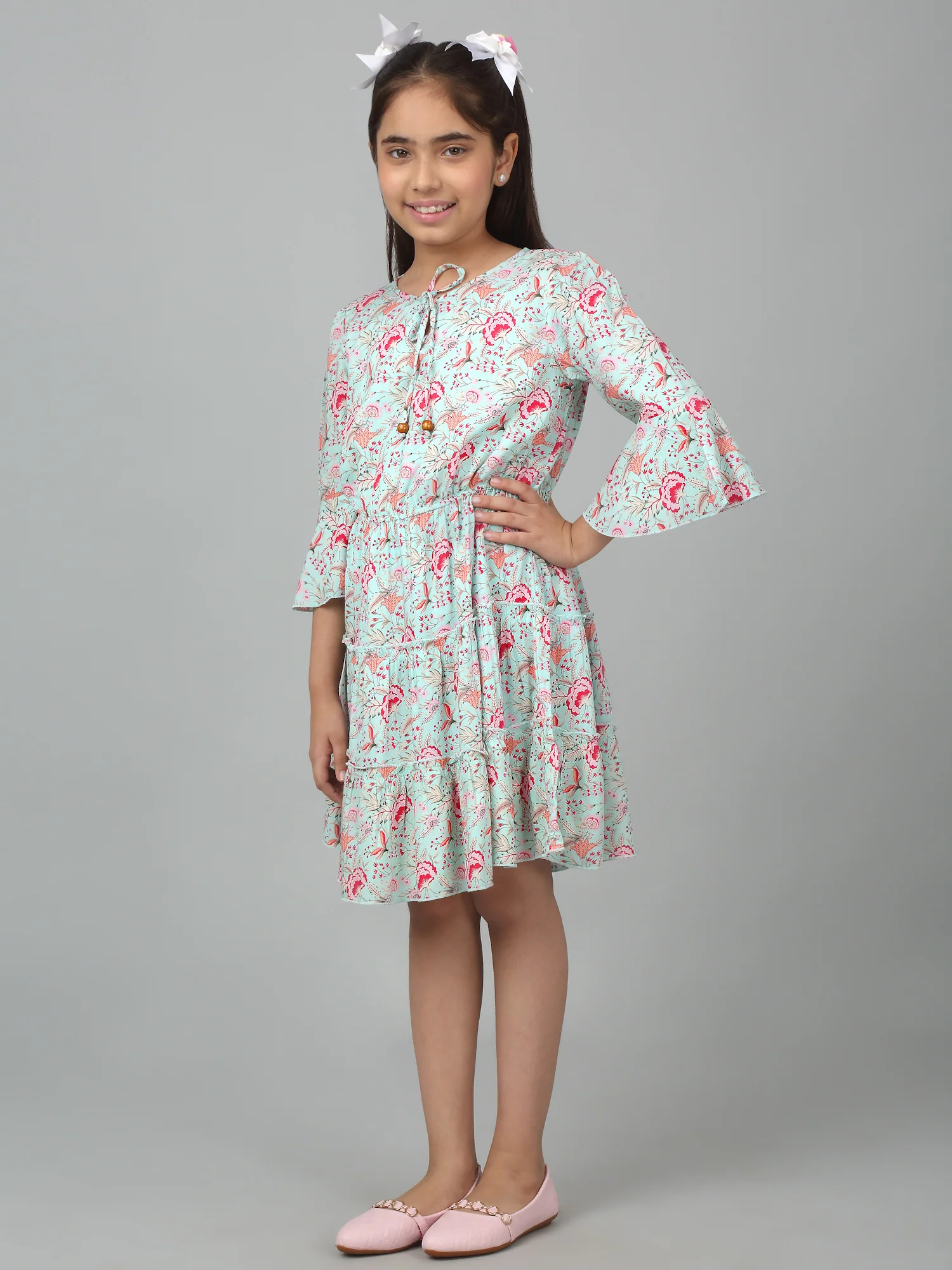 Girl's Multicolor Knee Length Floral Printed Dress - Image 4