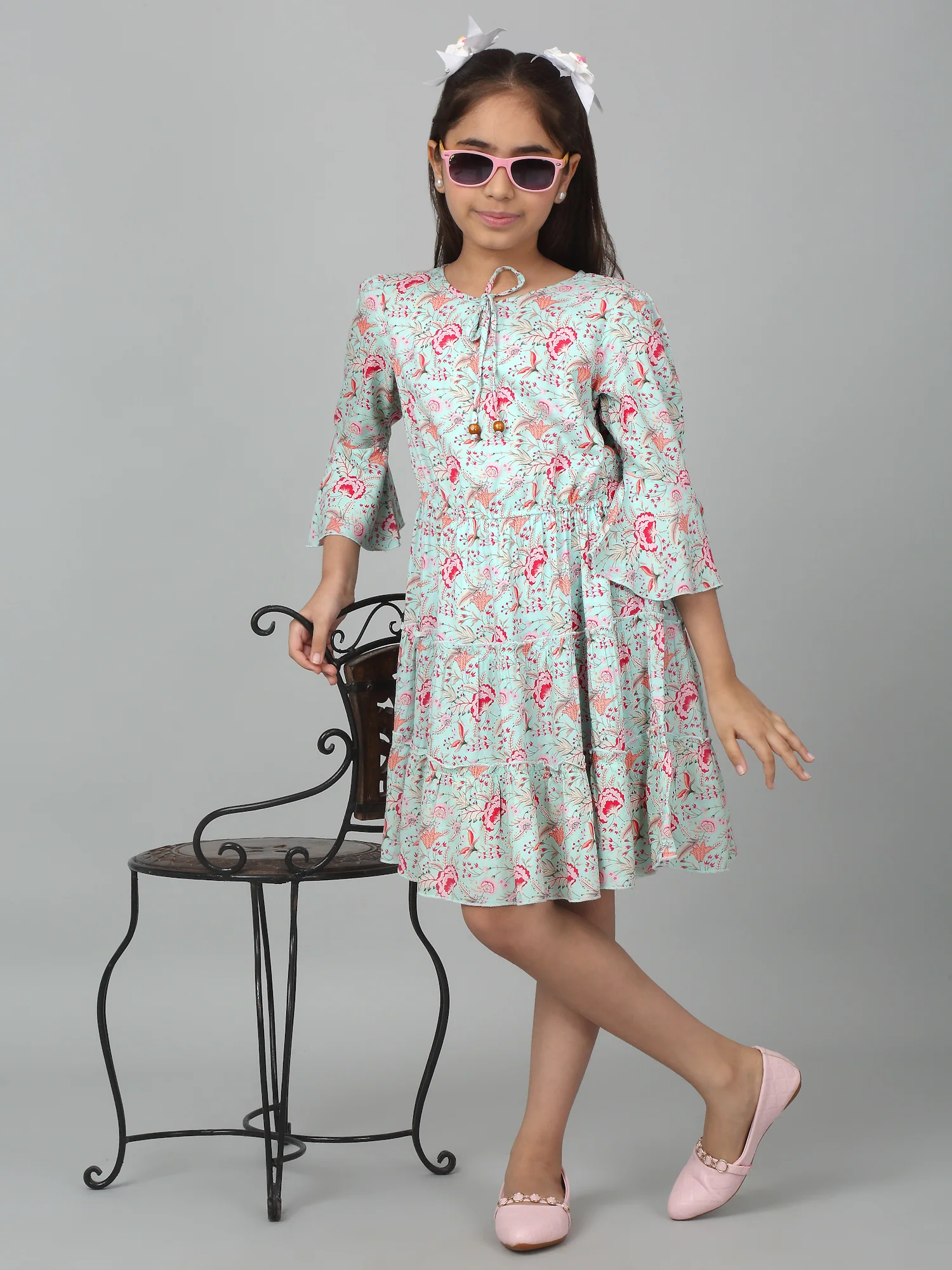 Girl's Multicolor Knee Length Floral Printed Dress - Image 6