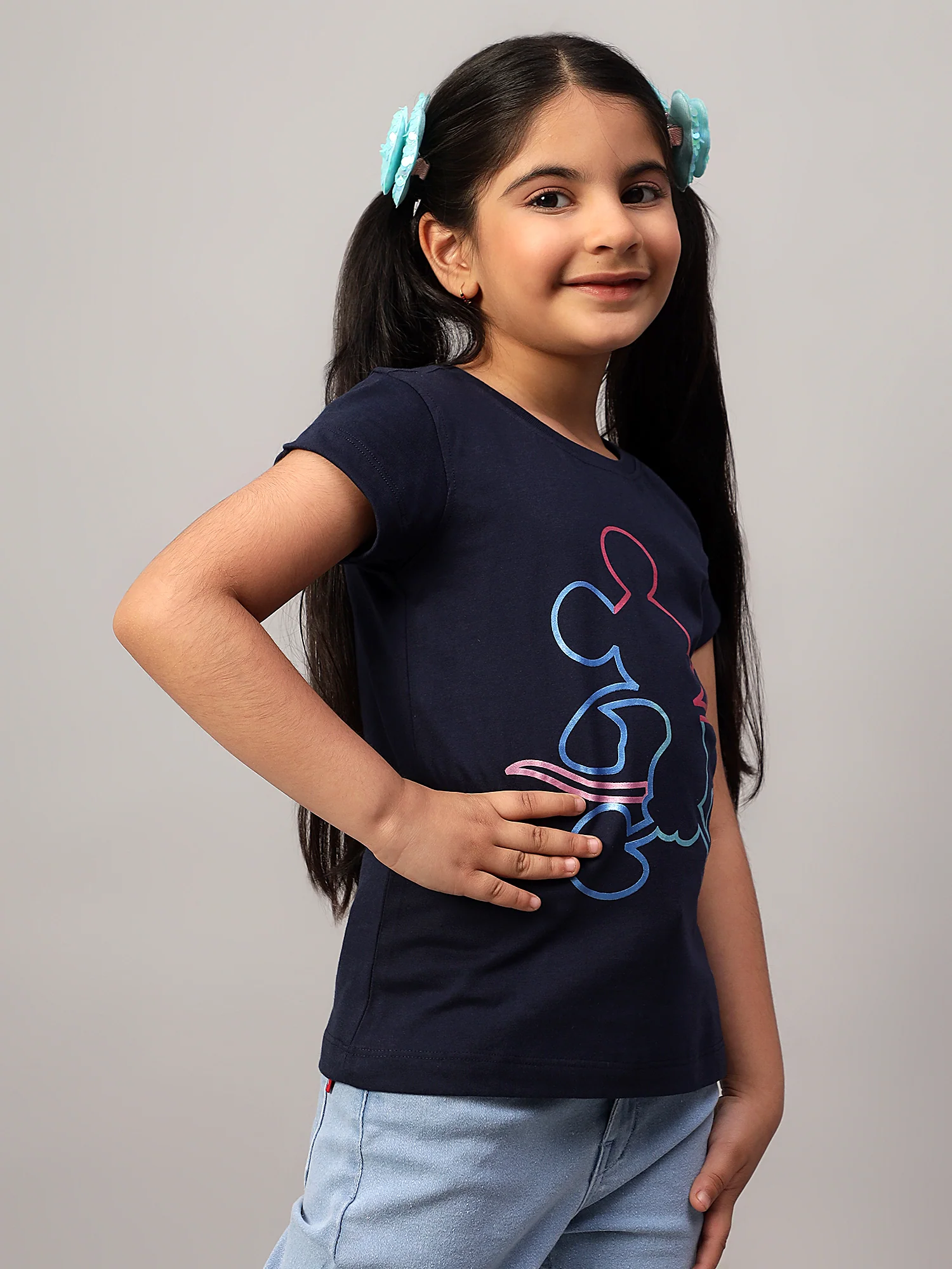 Girls Casual Navy Blue Half Sleeves  T-Shirt - Image 3