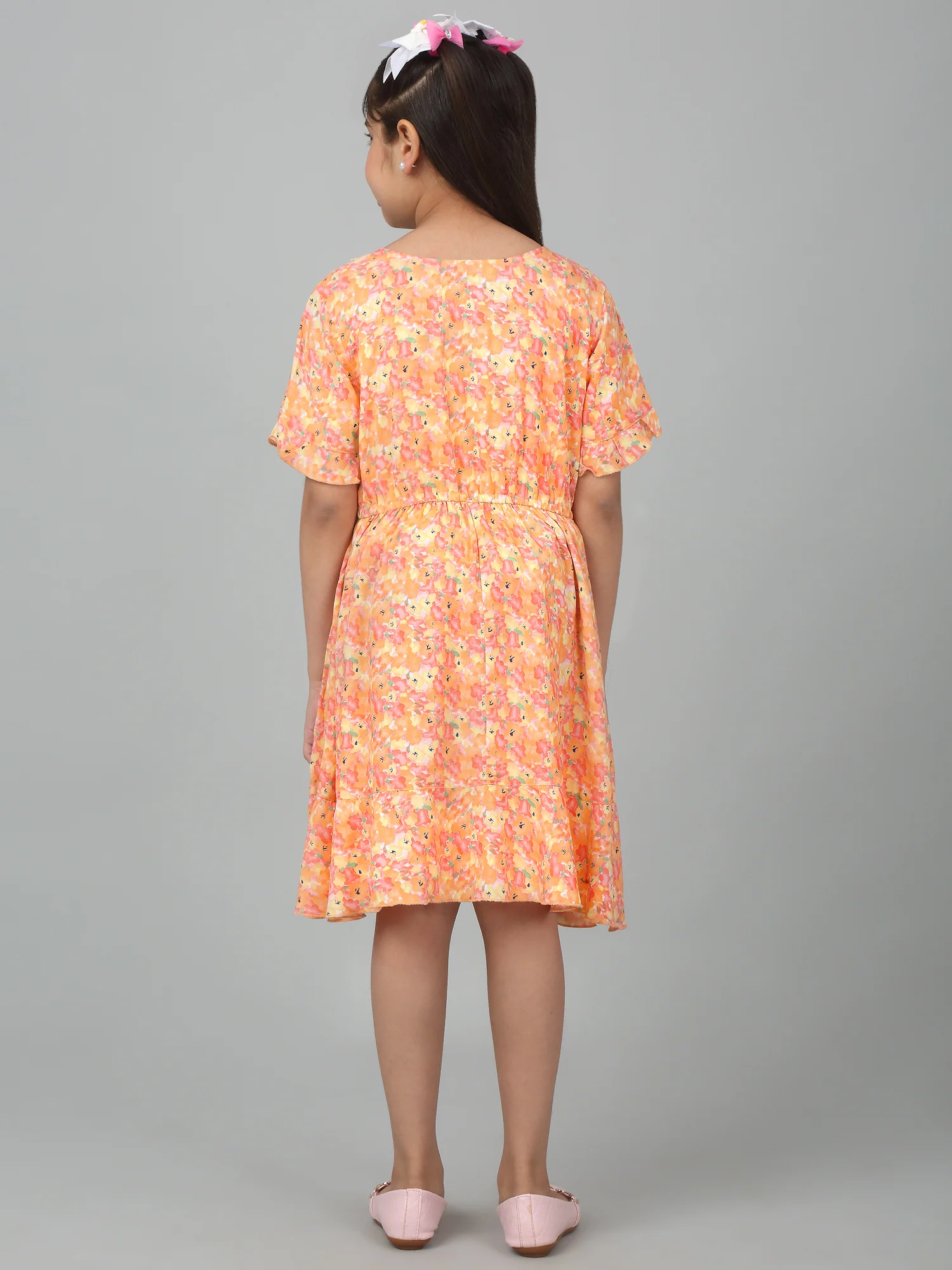 Girl's Orange Half Sleeves Floral Print Dress - Image 2