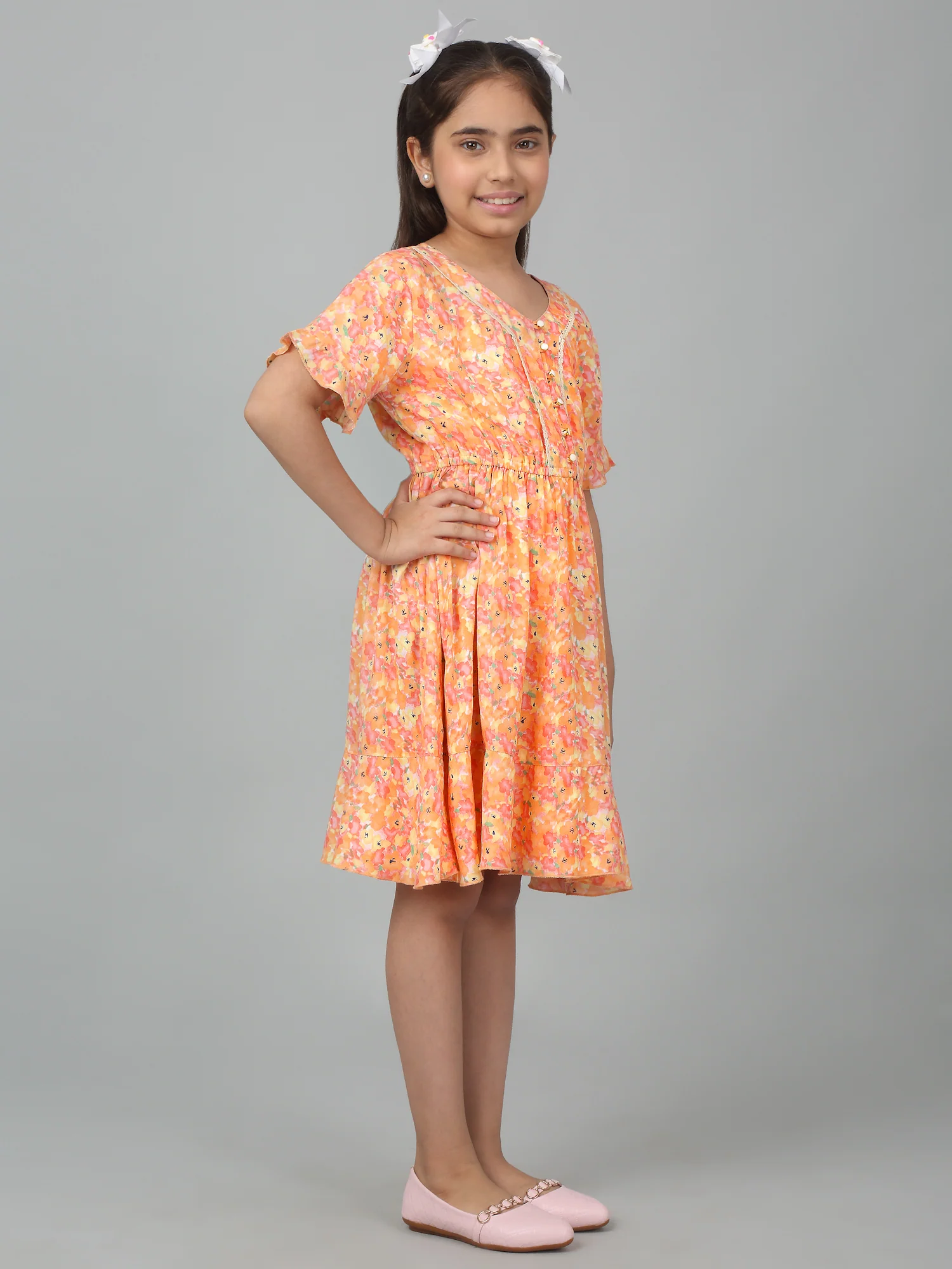 Girl's Orange Half Sleeves Floral Print Dress - Image 3