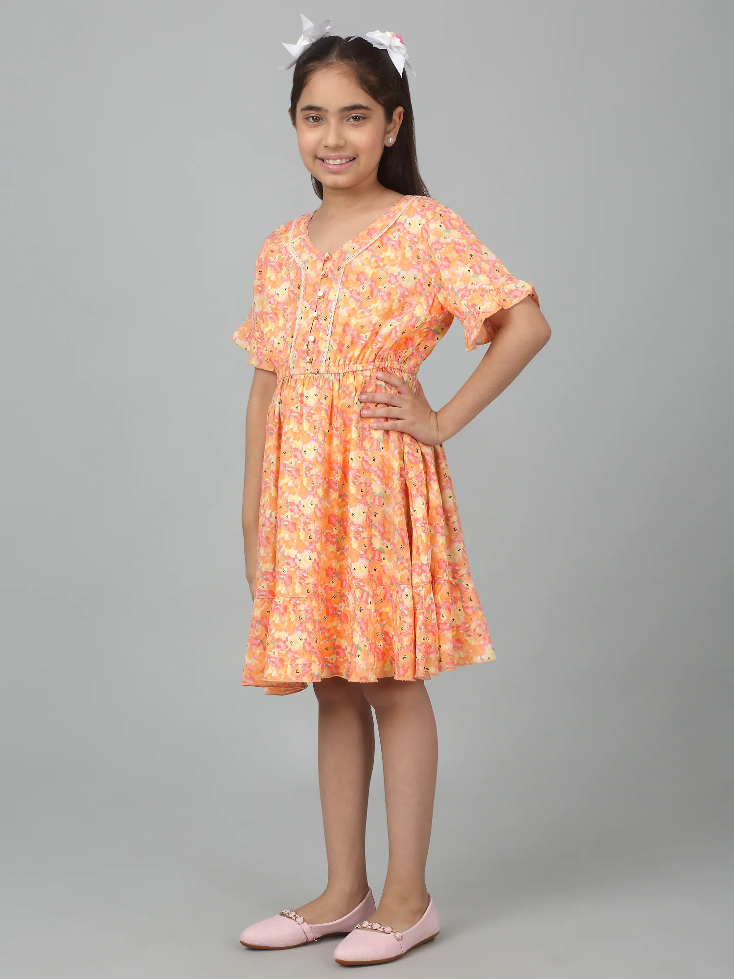 Girl's Orange Half Sleeves Floral Print Dress - Image 4