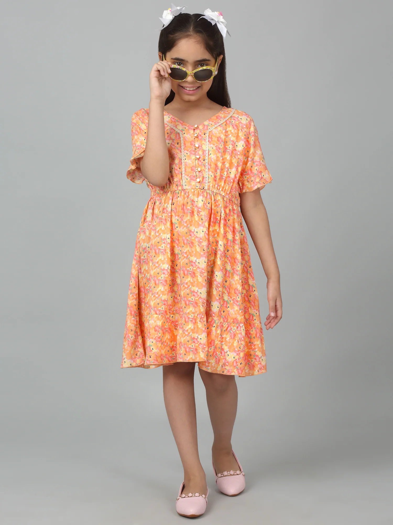 Girl's Orange Half Sleeves Floral Print Dress - Image 5