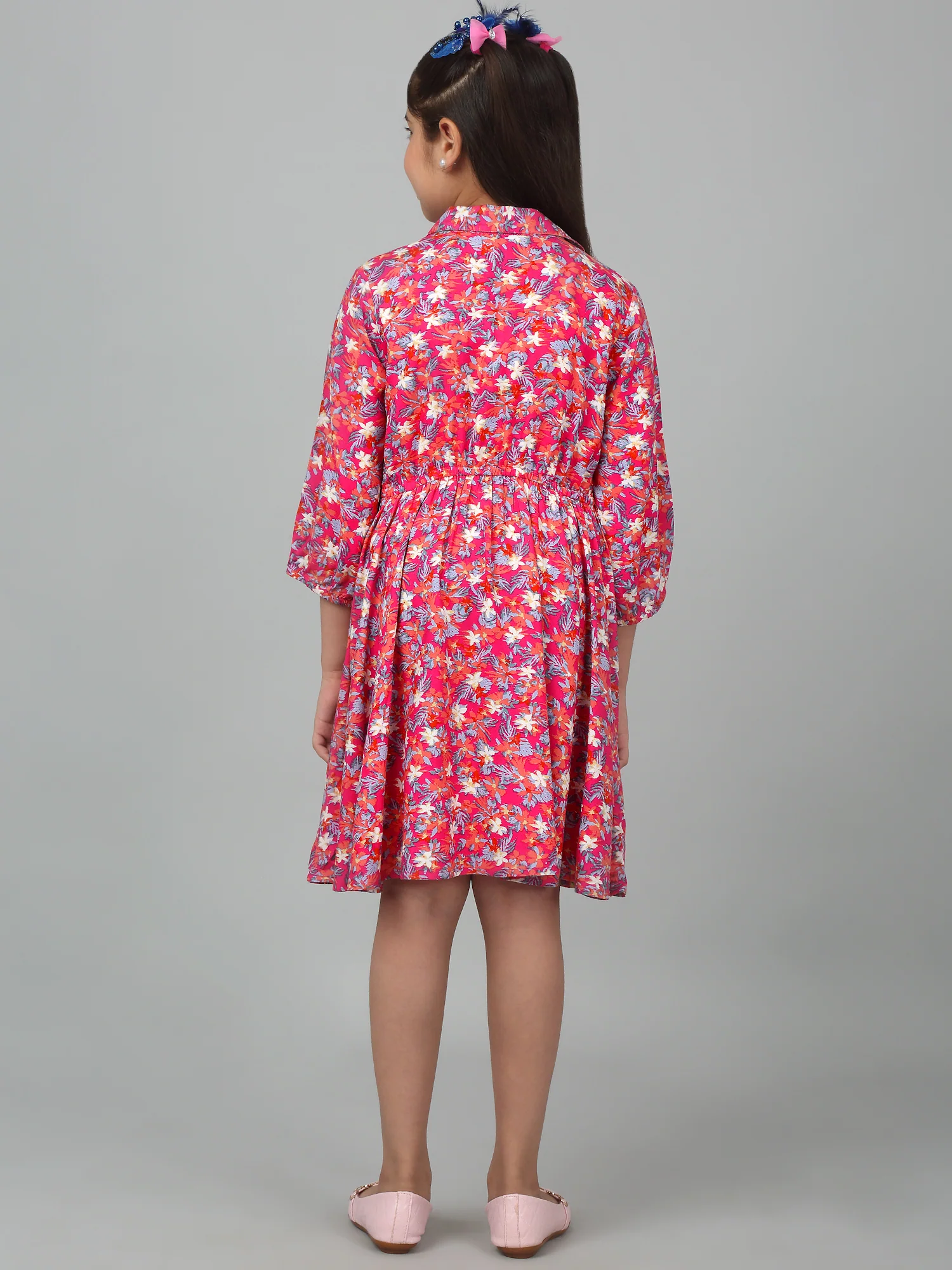 Girls Pink Above Knee Floral Printed Dress - Image 2
