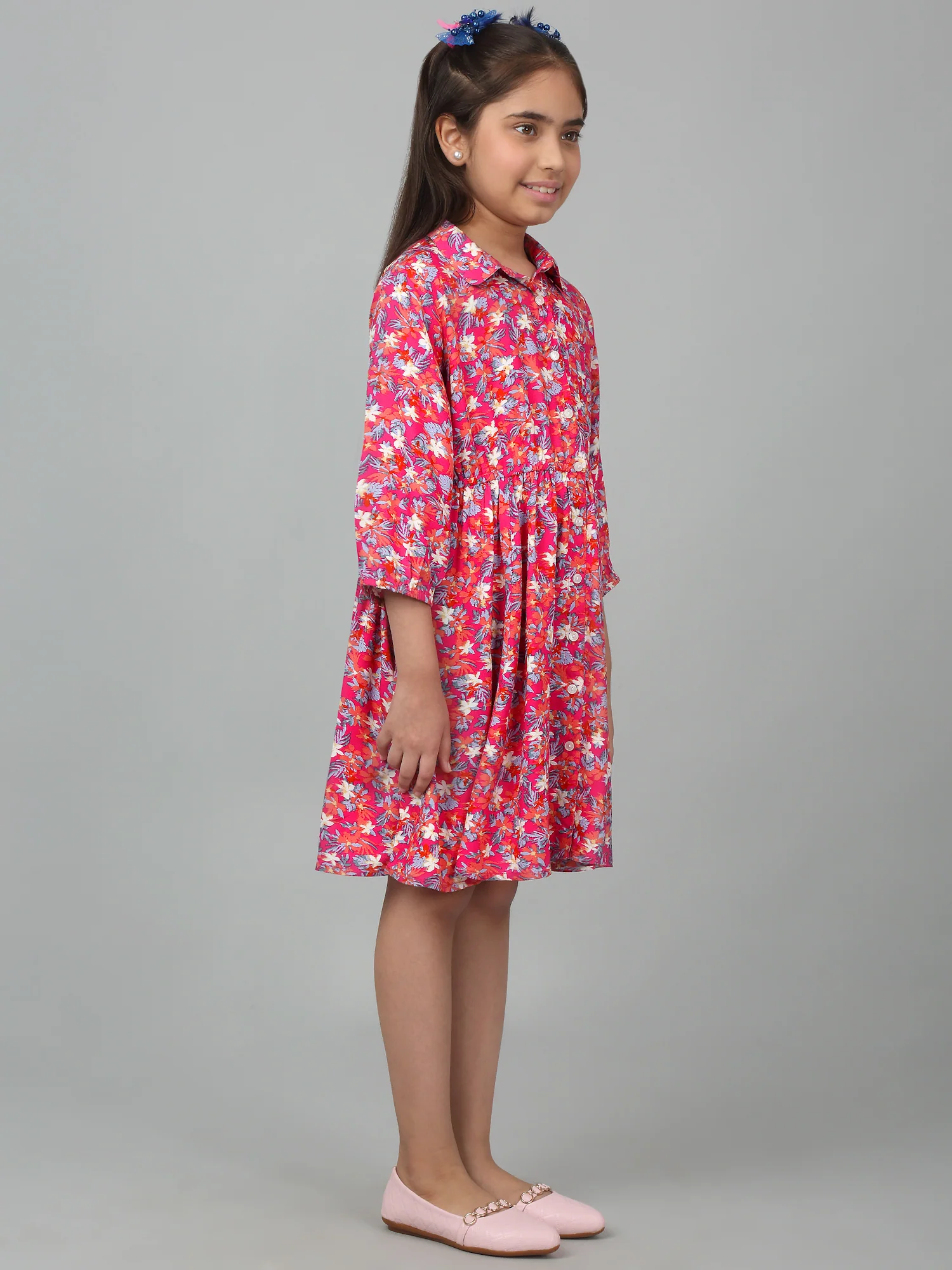 Girls Pink Above Knee Floral Printed Dress - Image 3