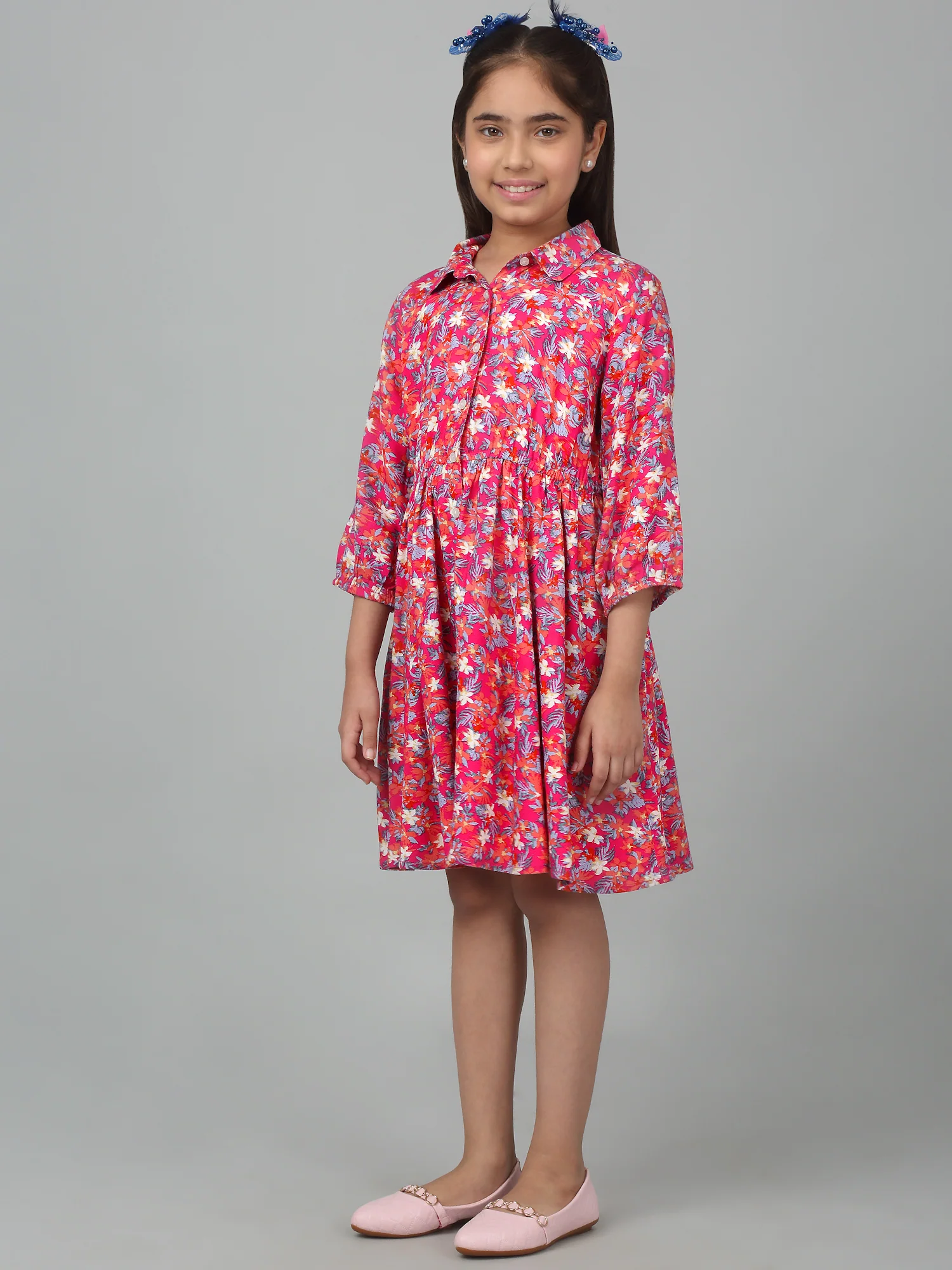 Girls Pink Above Knee Floral Printed Dress - Image 4