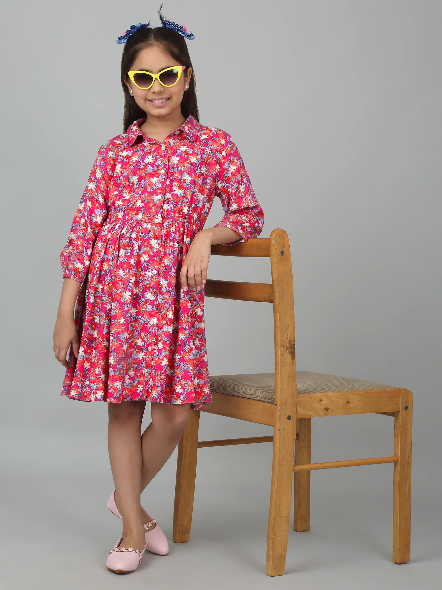 Girls Pink Above Knee Floral Printed Dress - Image 6