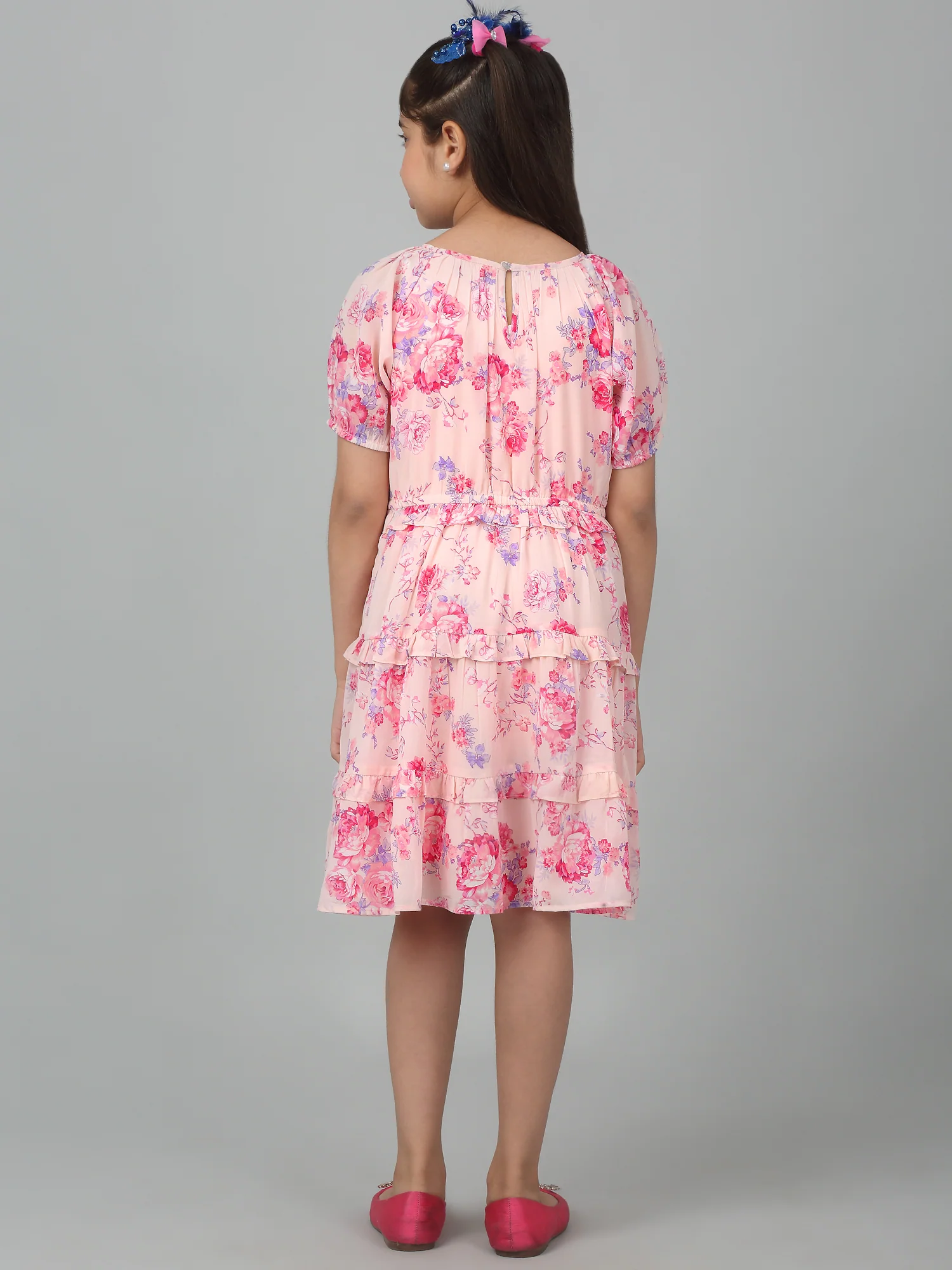 Girl's Pink Half Sleeves Floral Print Dress - Image 2