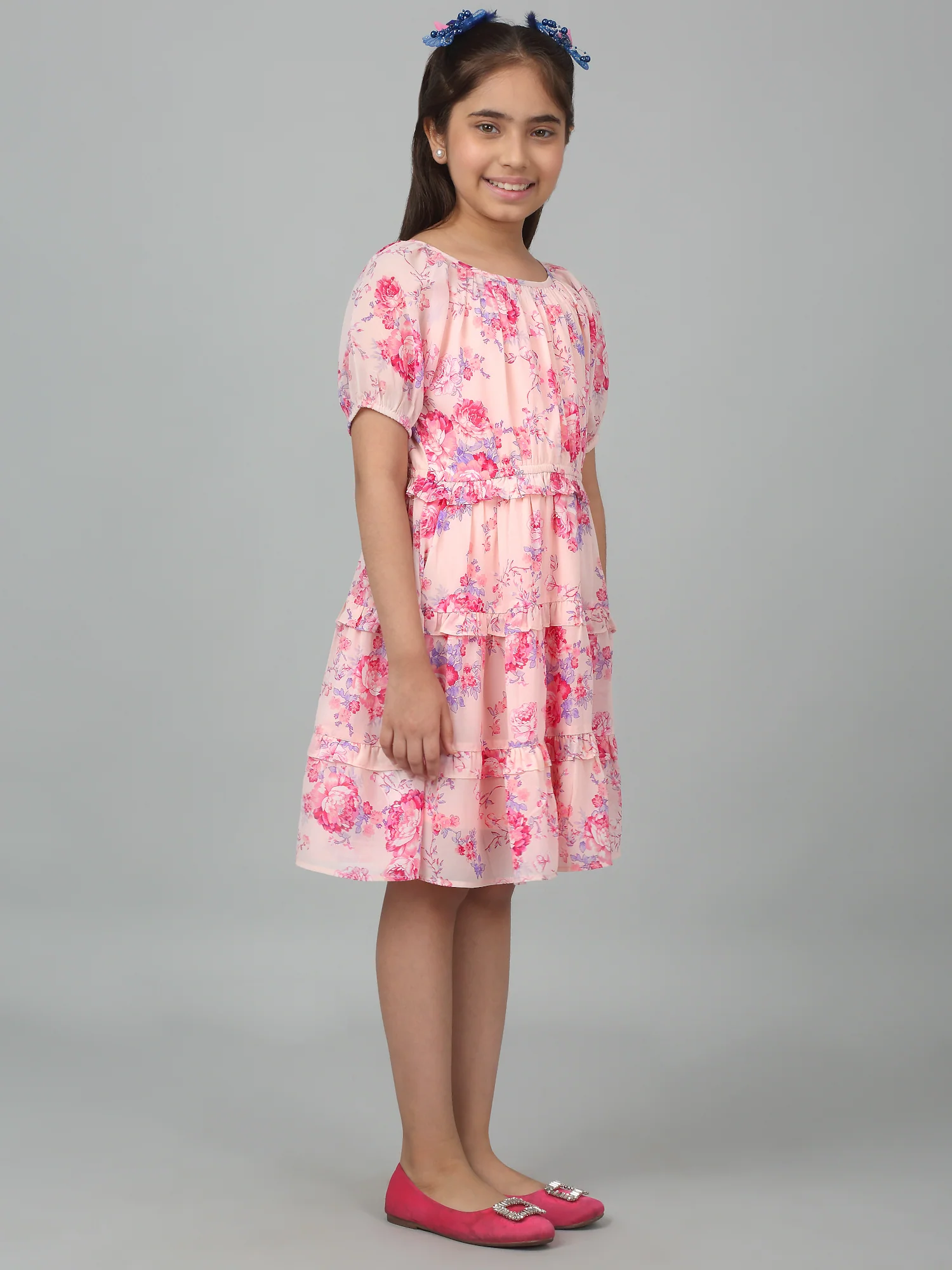 Girl's Pink Half Sleeves Floral Print Dress - Image 3