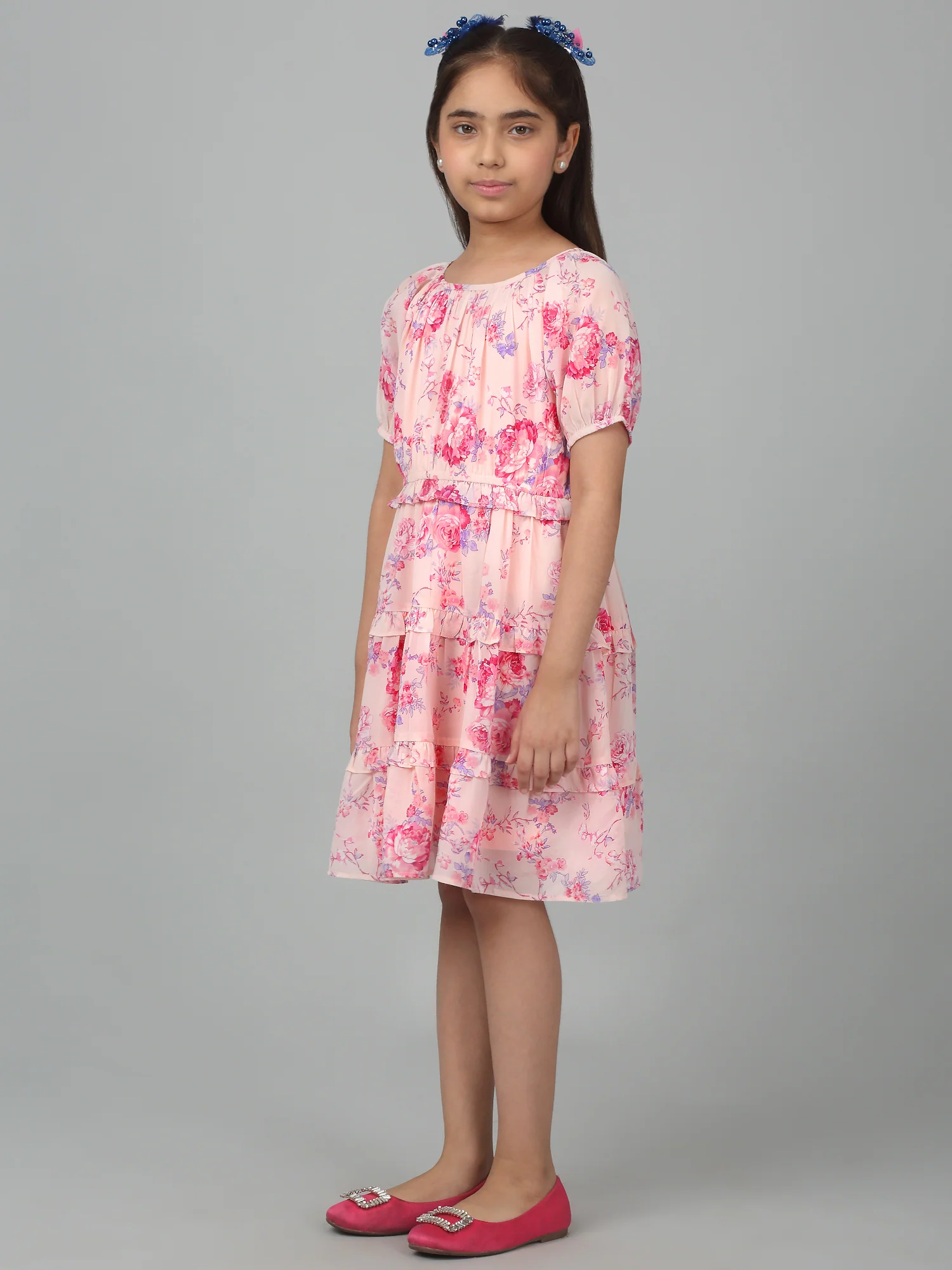 Girl's Pink Half Sleeves Floral Print Dress - Image 4