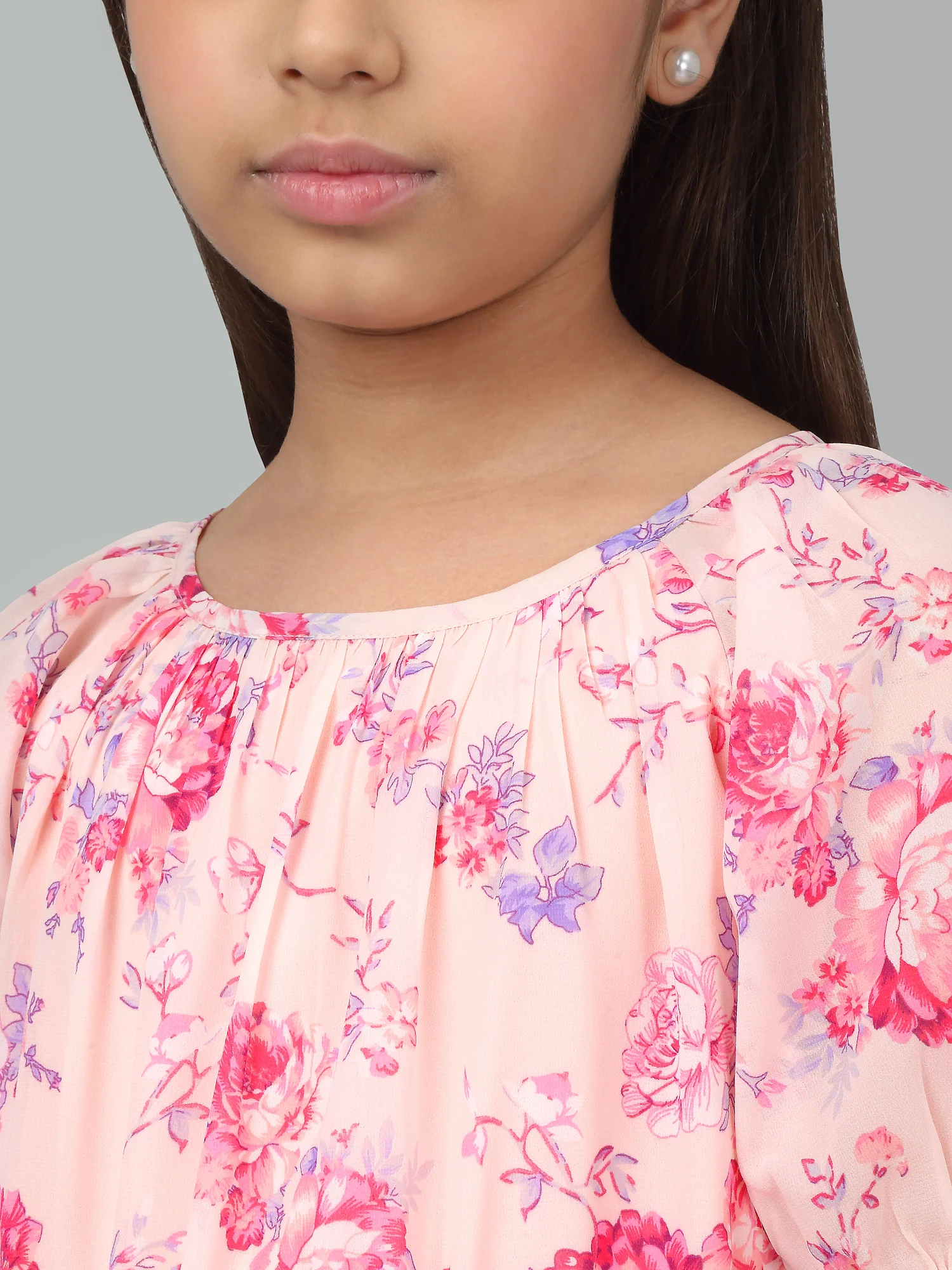 Girl's Pink Half Sleeves Floral Print Dress - Image 5