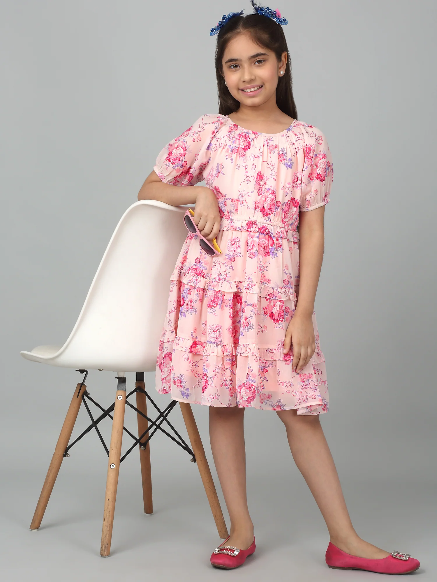 Girl's Pink Half Sleeves Floral Print Dress - Image 6