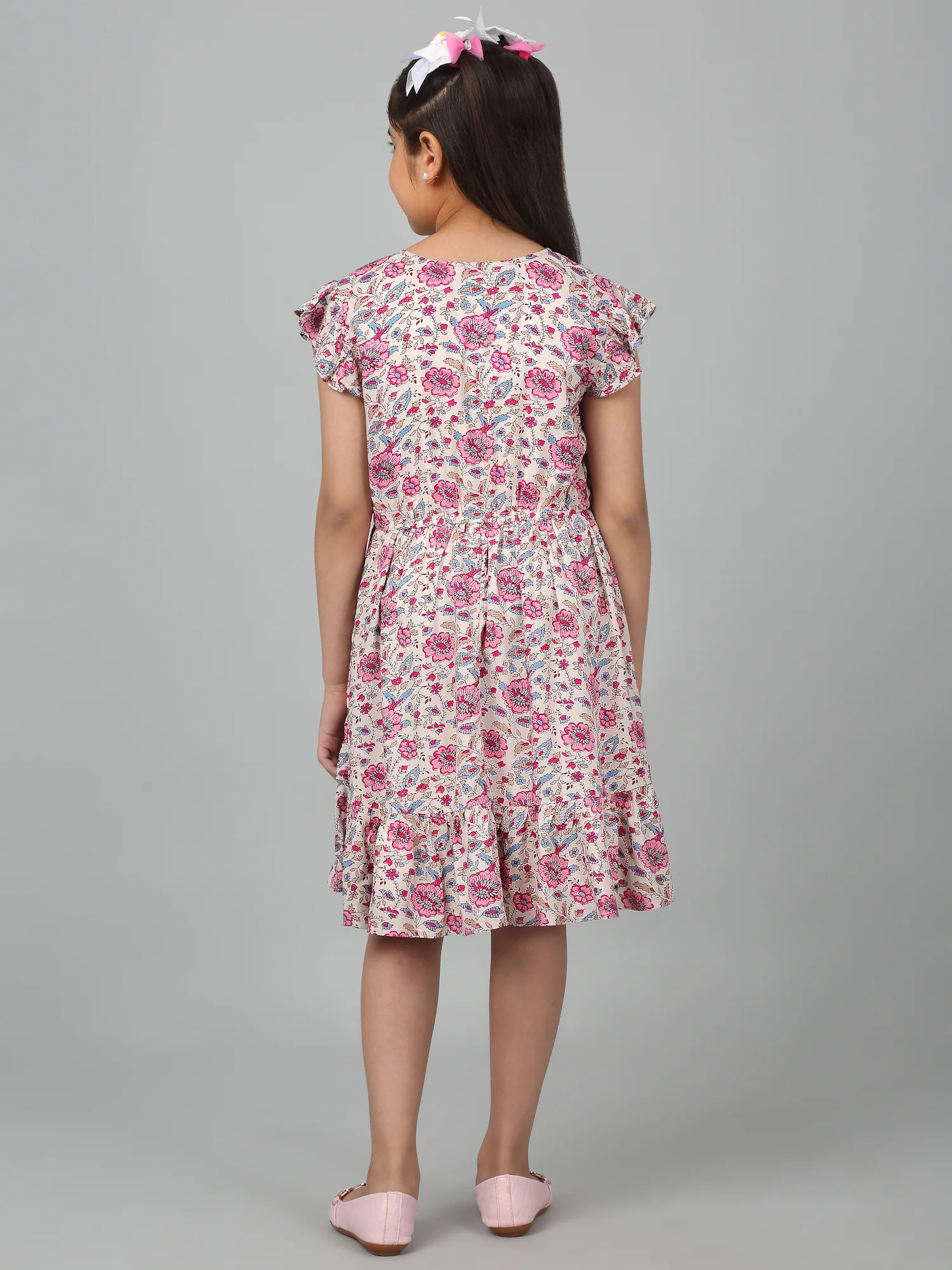 Girl's Pink Knee Length Floral Printed Dress - Image 2