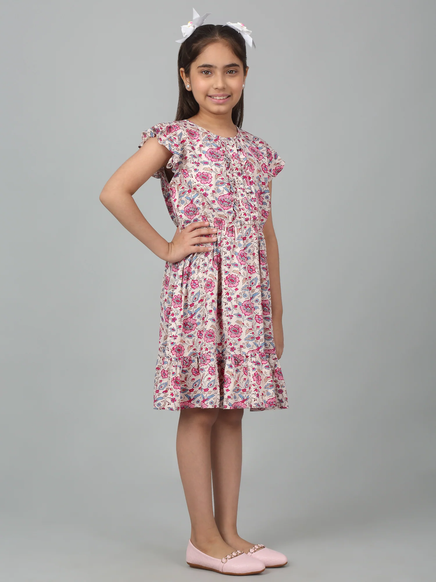 Girl's Pink Knee Length Floral Printed Dress - Image 3
