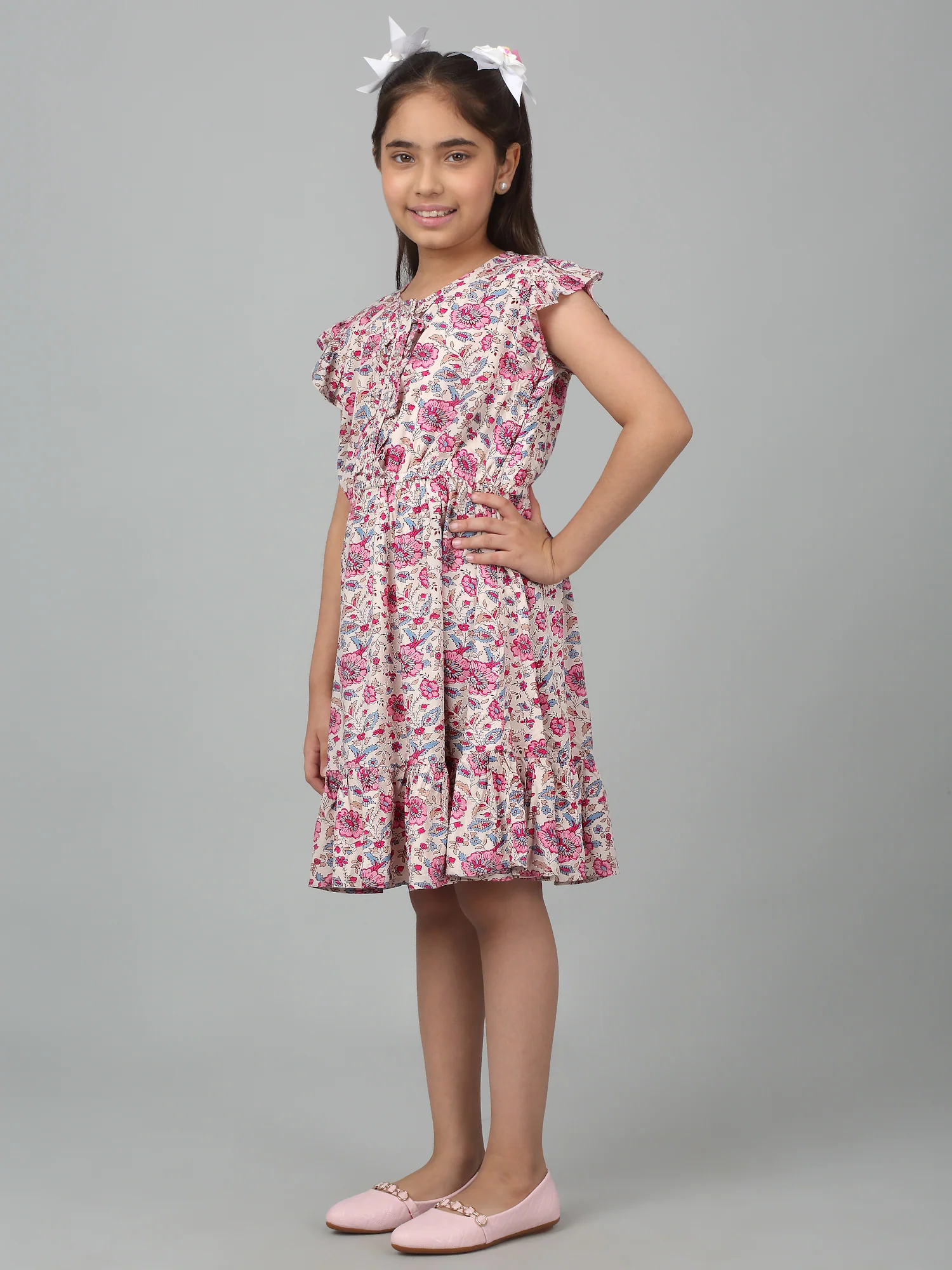 Girl's Pink Knee Length Floral Printed Dress - Image 4