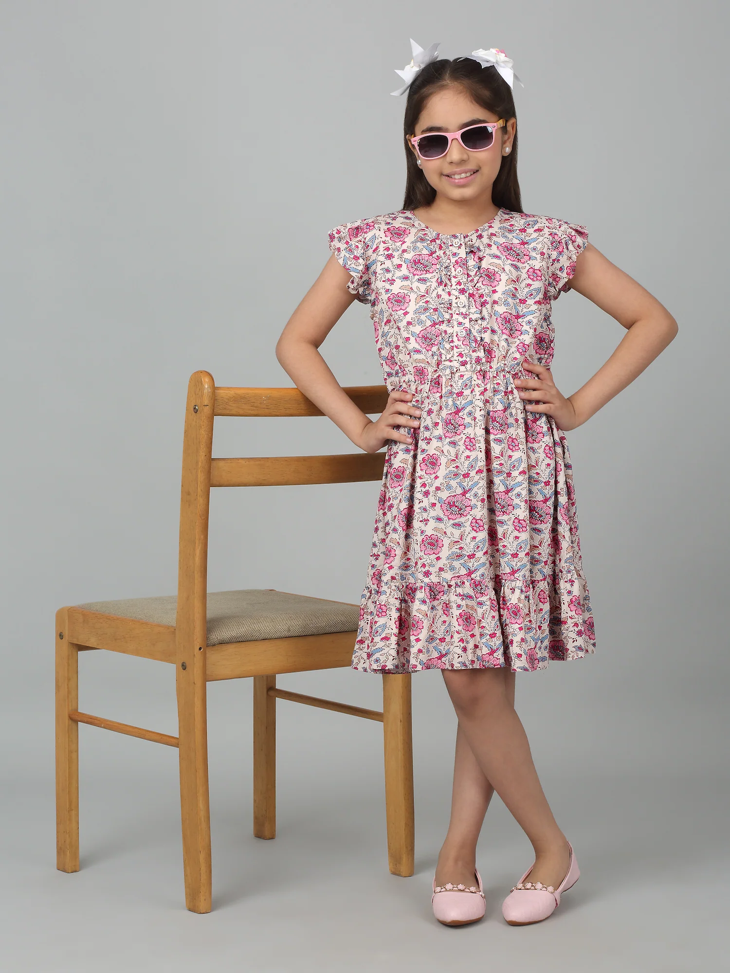 Girl's Pink Knee Length Floral Printed Dress - Image 6