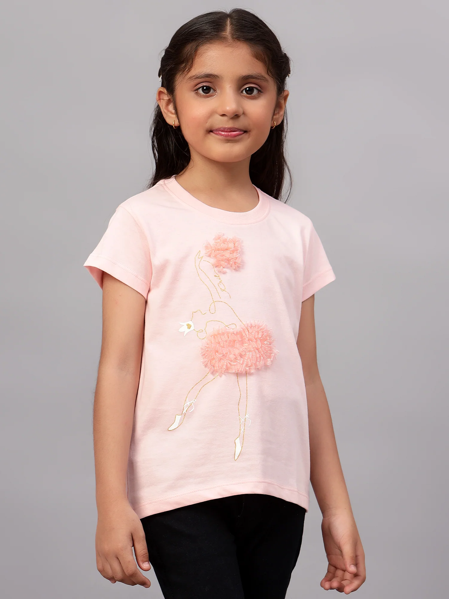 Girls Casual Pink Half Sleeves  T-Shirt - Image 3