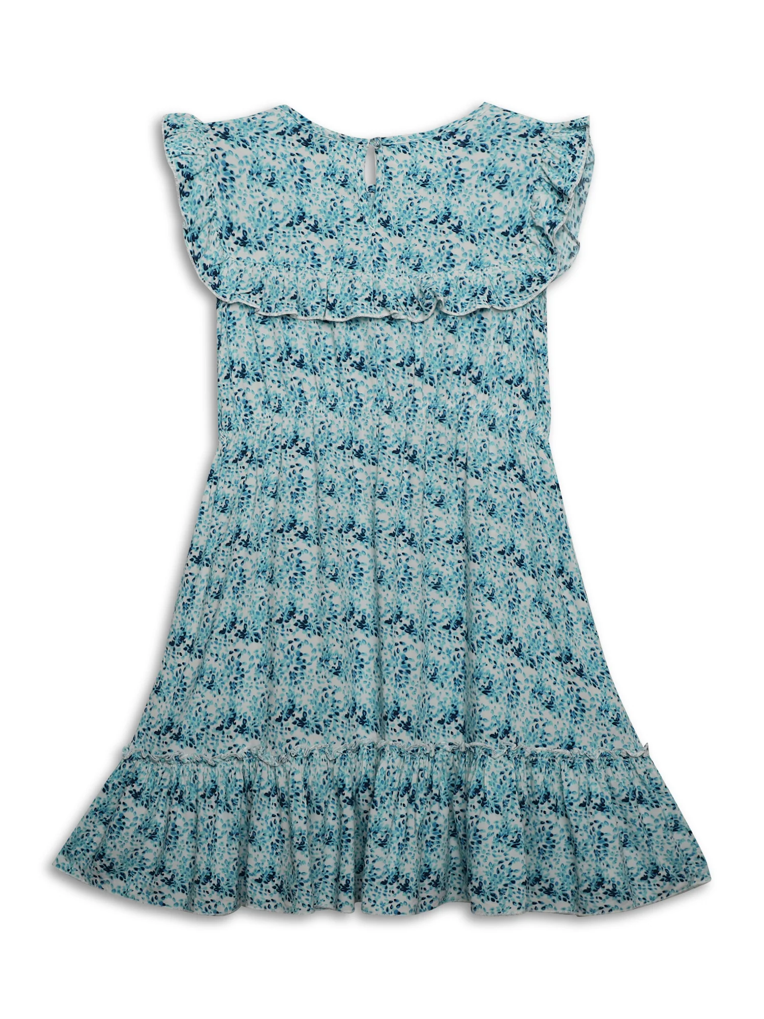 Girls Rayon Floral Print Round Neck Cap Sleeves Fit and Flare Blue Casual Dress - Image 2