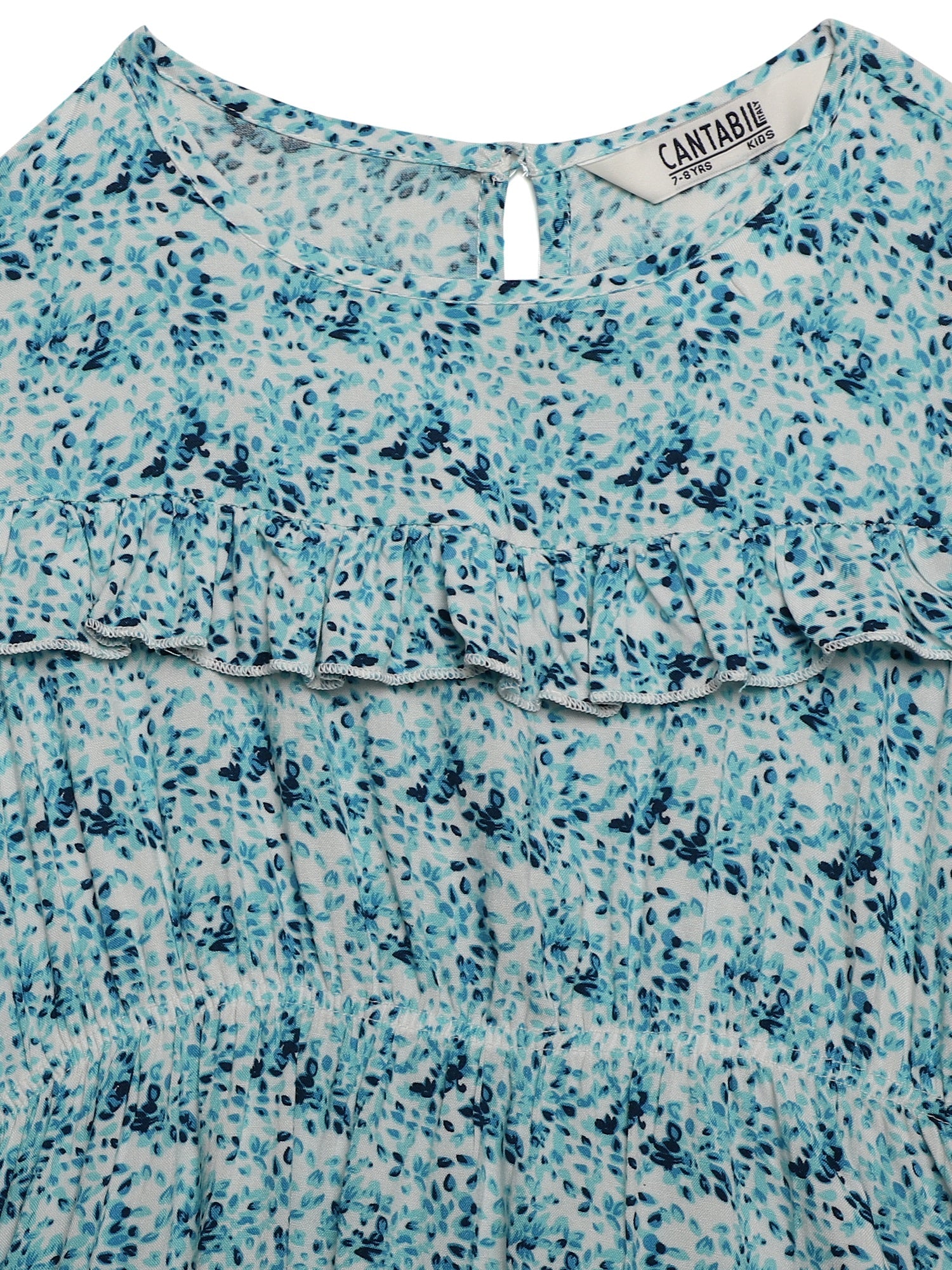 Girls Rayon Floral Print Round Neck Cap Sleeves Fit and Flare Blue Casual Dress - Image 3