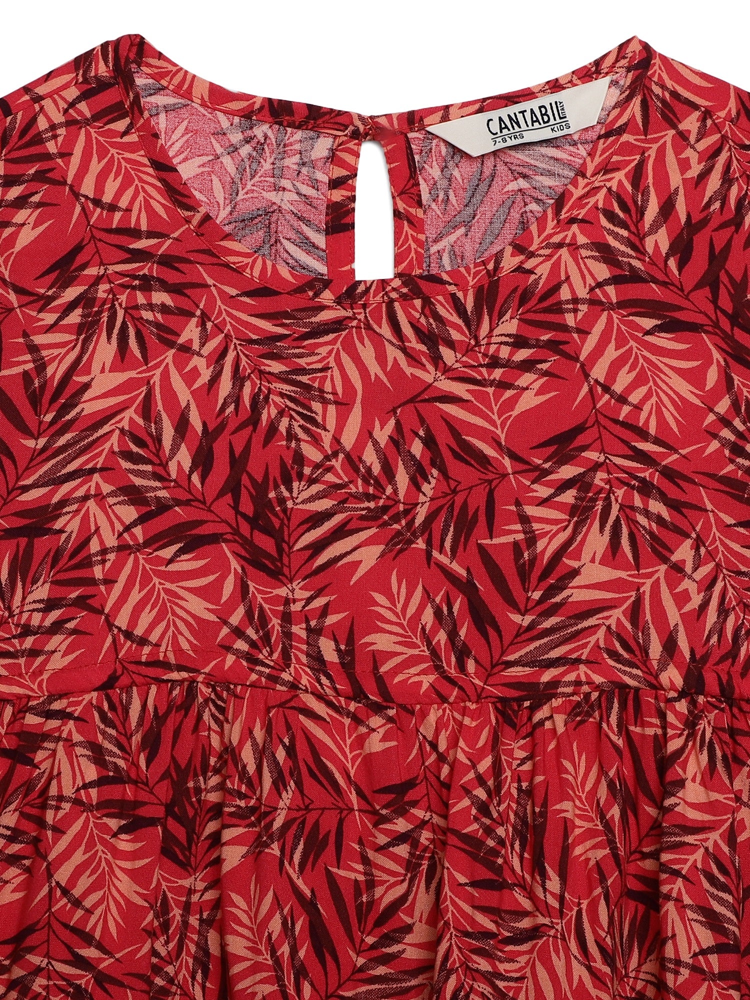 Girls Rayon Floral Print Round Neck Half Sleeves Fit and Flare Red Casual Dress - Image 3