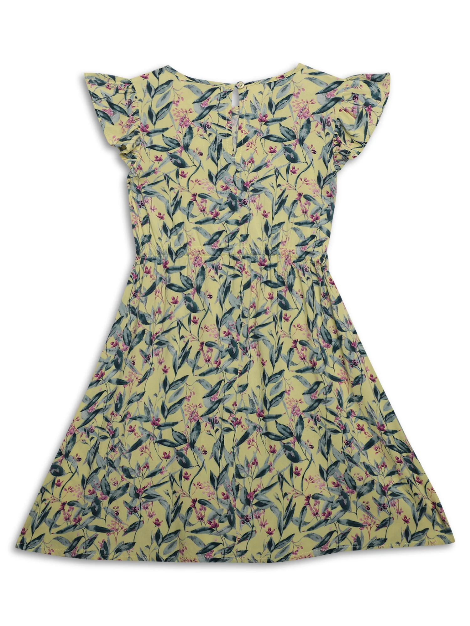 Girls Rayon Floral Print Round Neck Cap Sleeves Fit and Flare Yellow Casual Dress - Image 2