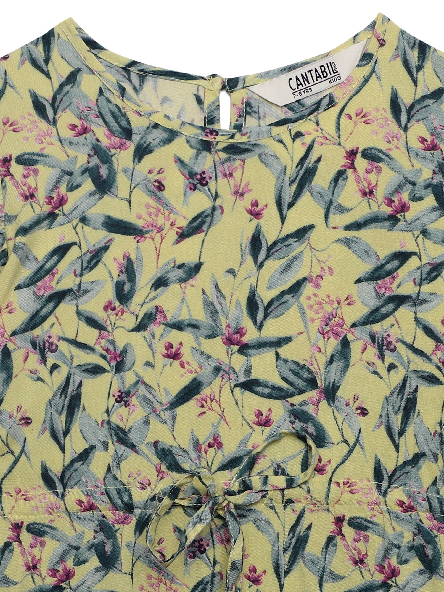 Girls Rayon Floral Print Round Neck Cap Sleeves Fit and Flare Yellow Casual Dress - Image 3
