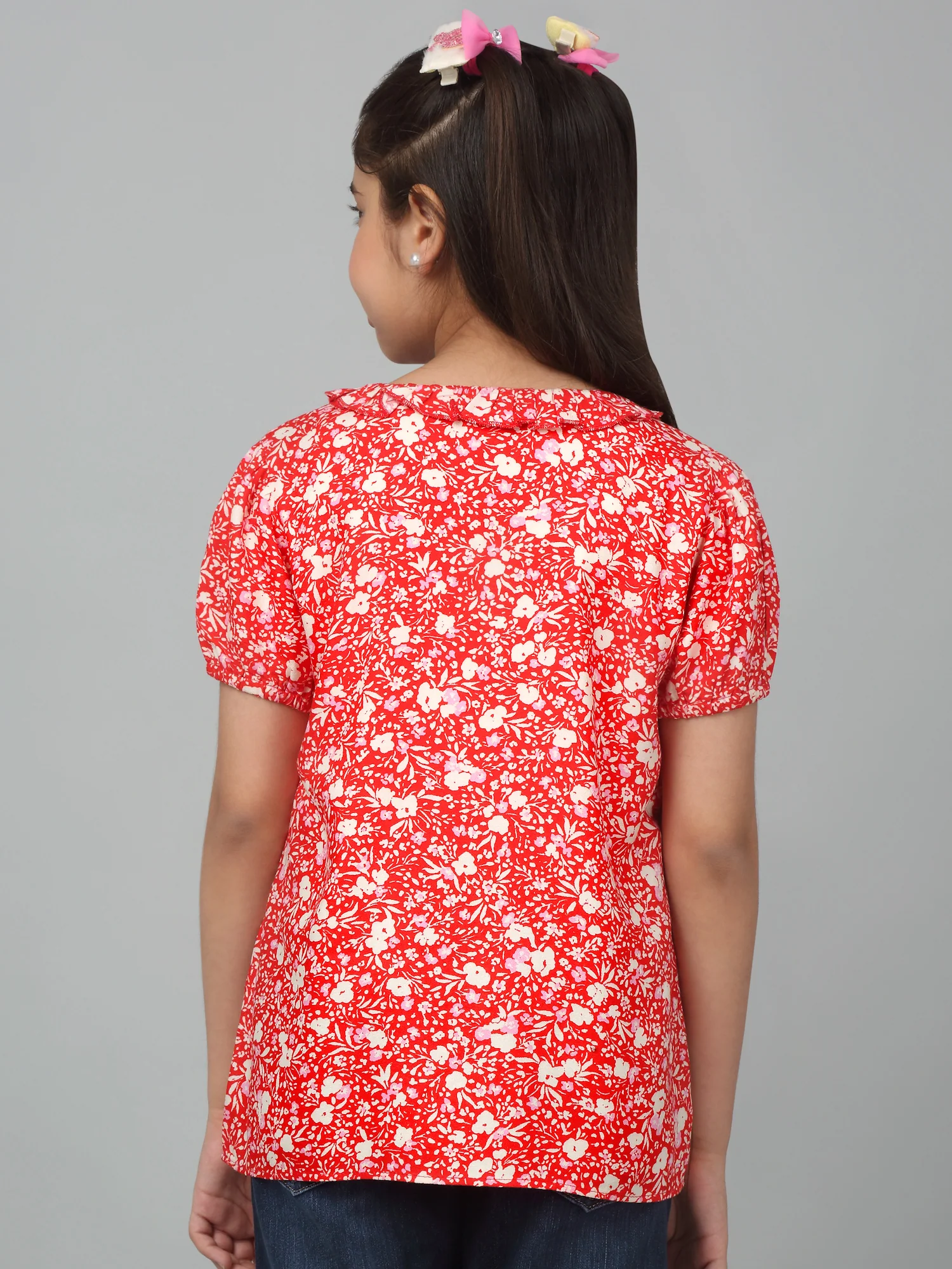 Girls Basic Red Puffed Half Sleeves  Top - Image 2