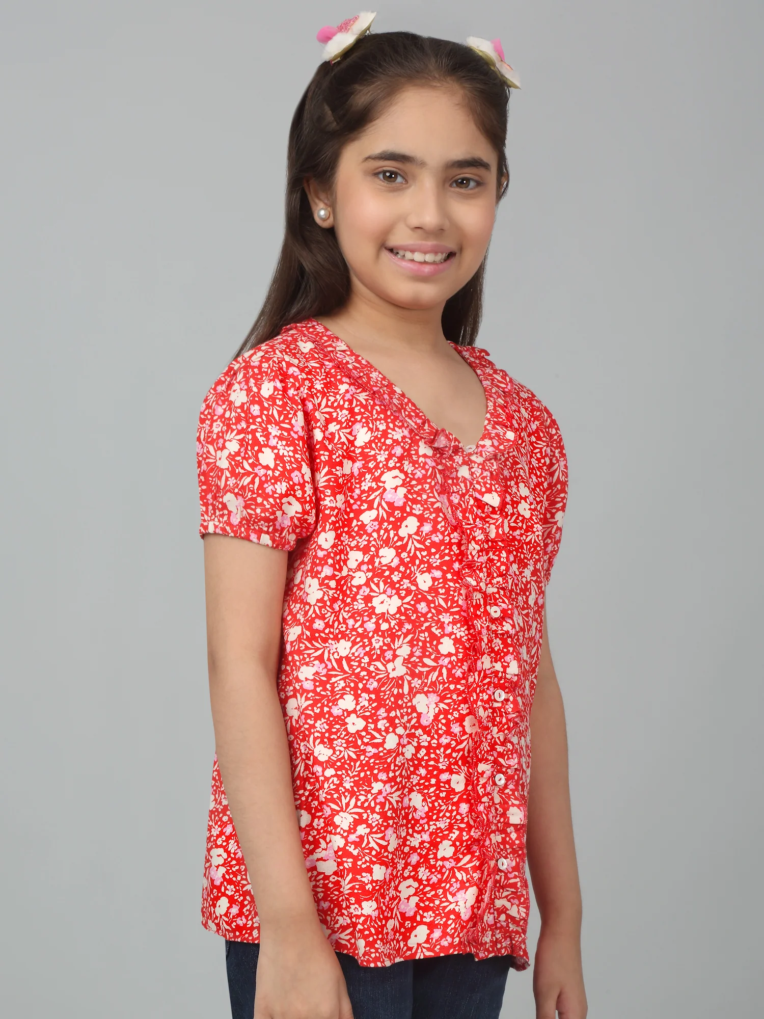 Girls Basic Red Puffed Half Sleeves  Top - Image 3