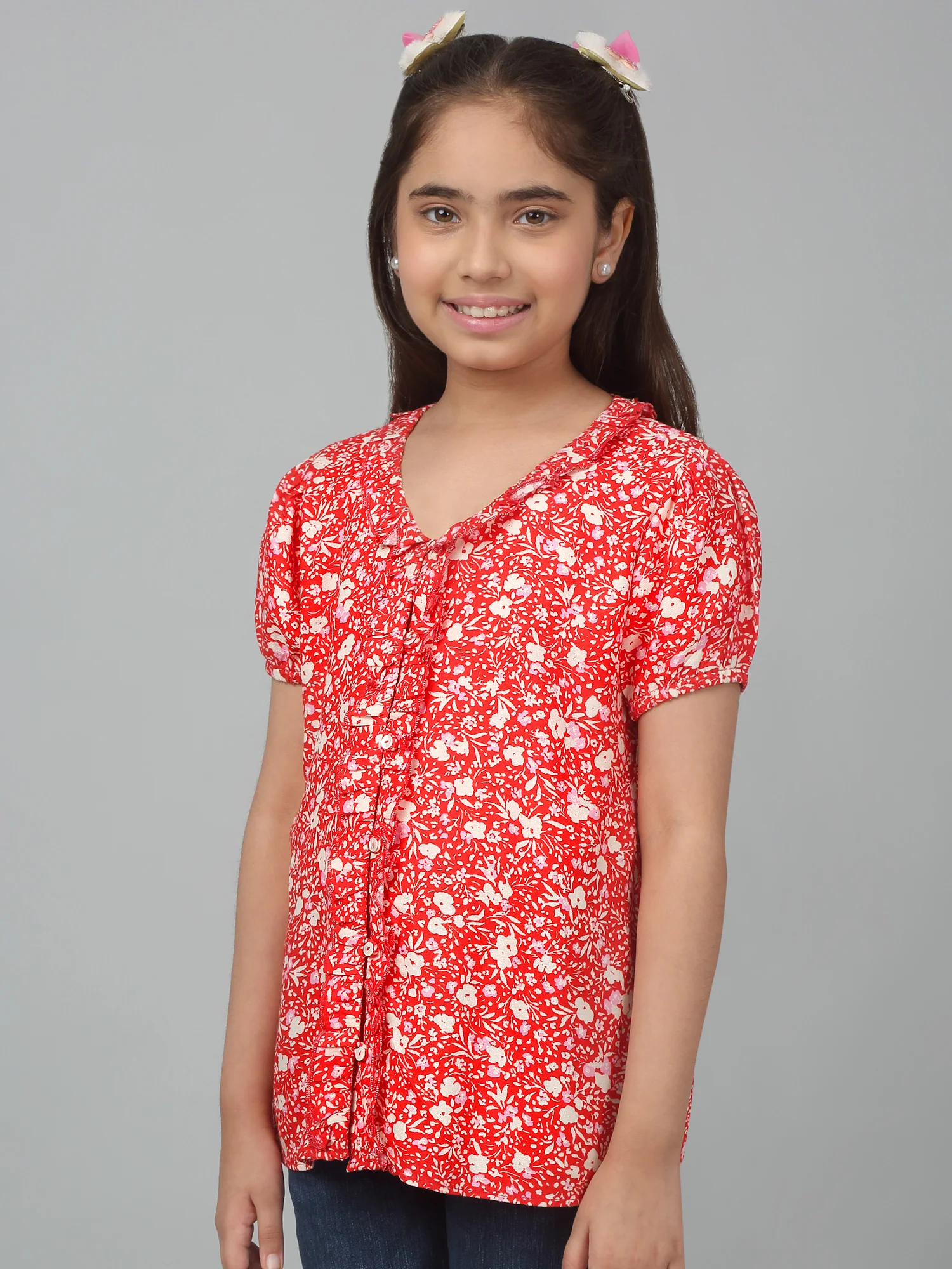 Girls Basic Red Puffed Half Sleeves  Top - Image 4