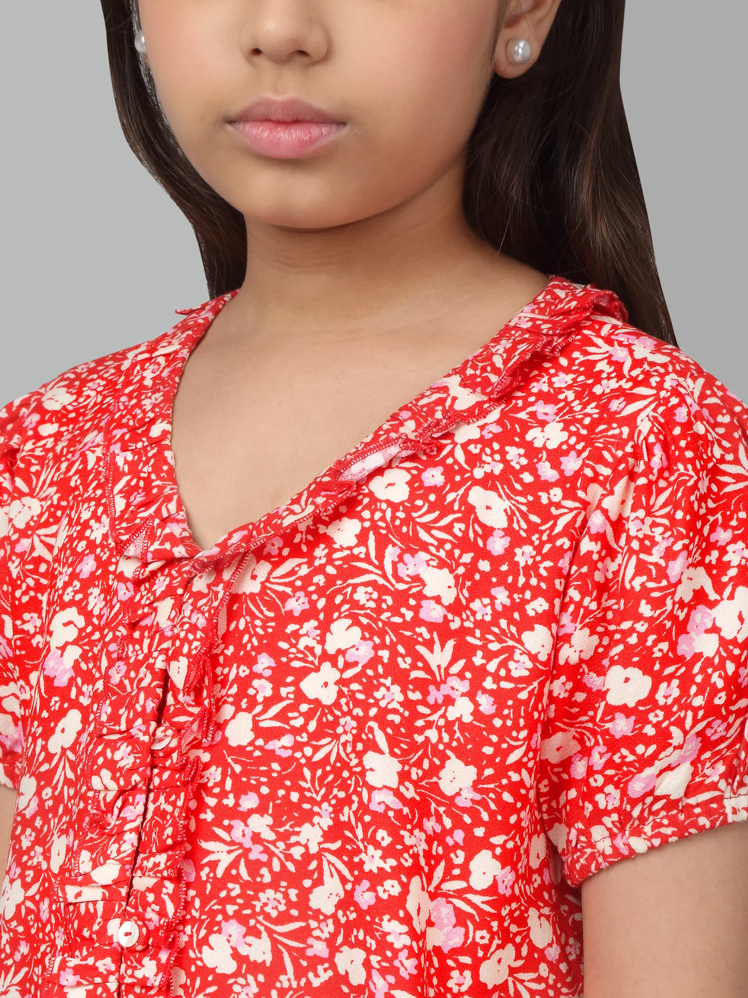 Girls Basic Red Puffed Half Sleeves  Top - Image 5