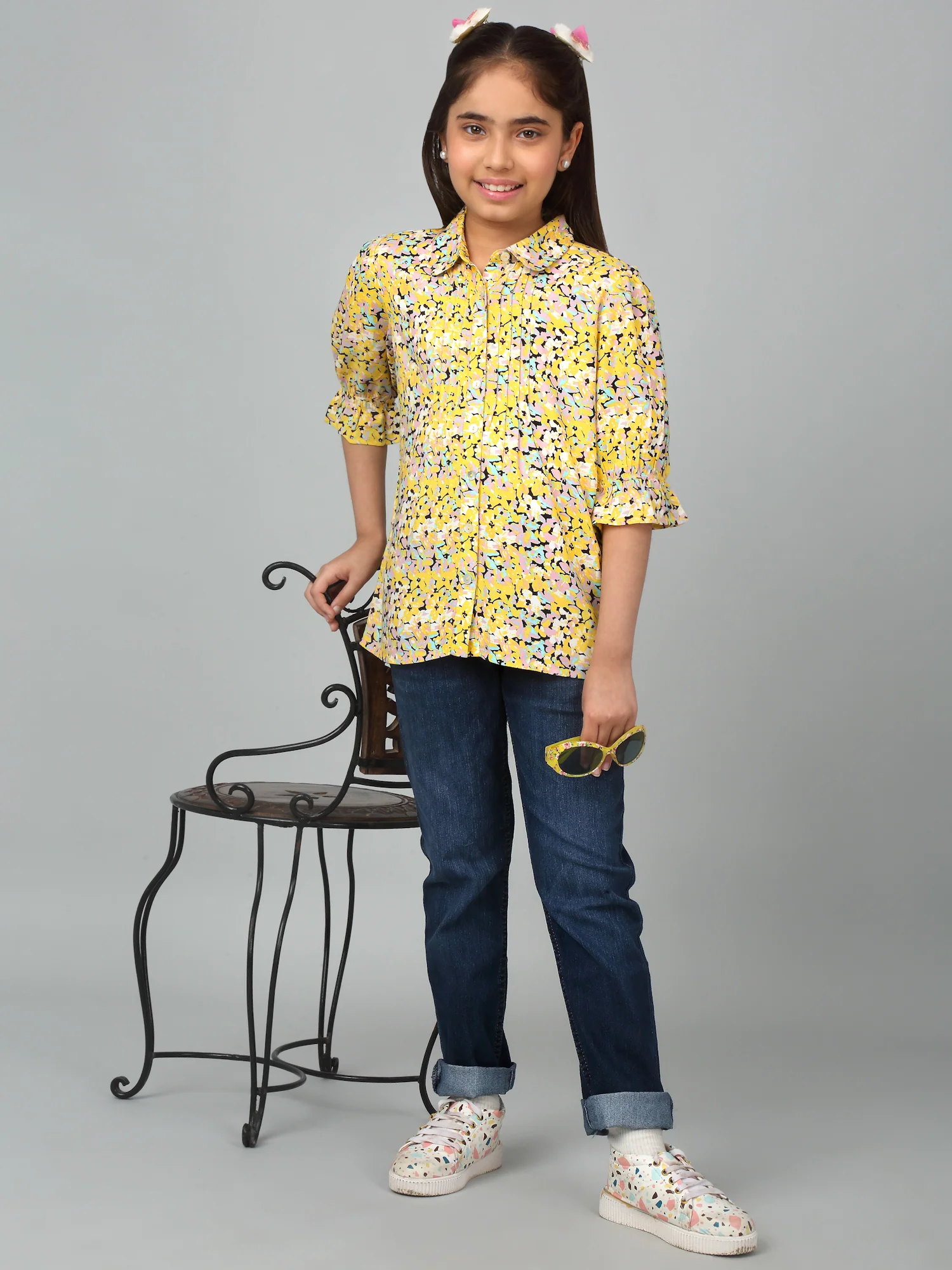 Girl's Yellow Floral Printed Casual Top - Image 6