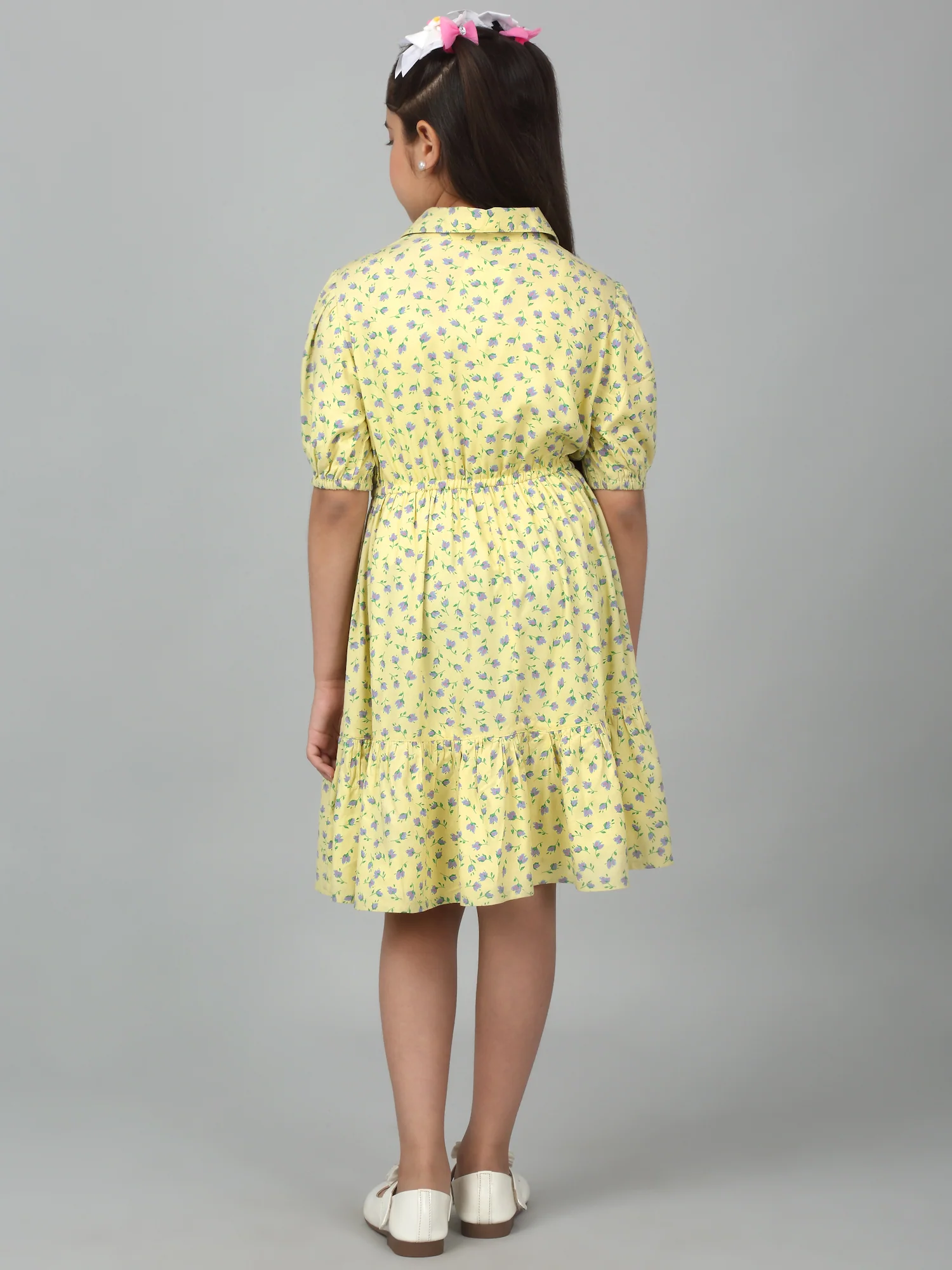 Girls Yellow Half Sleeves Floral Print Dress - Image 2