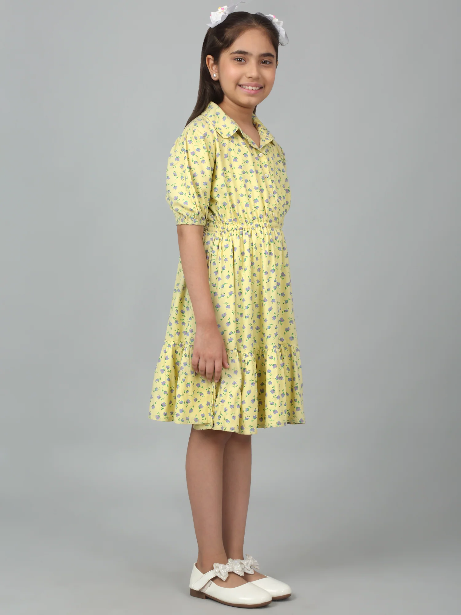 Girls Yellow Half Sleeves Floral Print Dress - Image 3