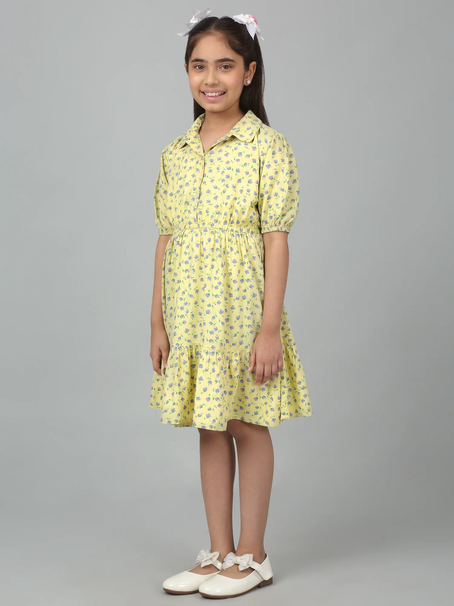 Girls Yellow Half Sleeves Floral Print Dress - Image 4
