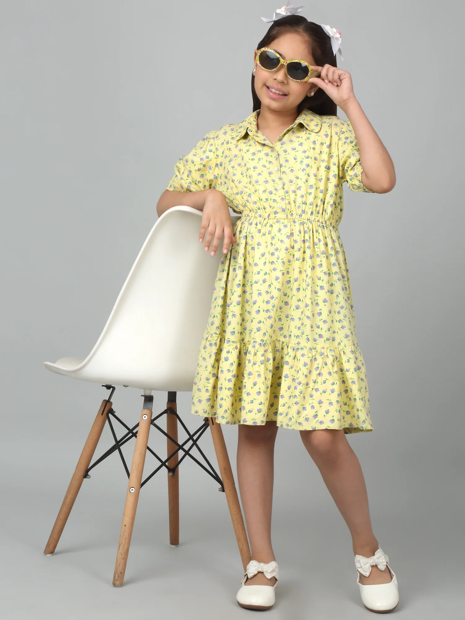 Girls Yellow Half Sleeves Floral Print Dress - Image 6