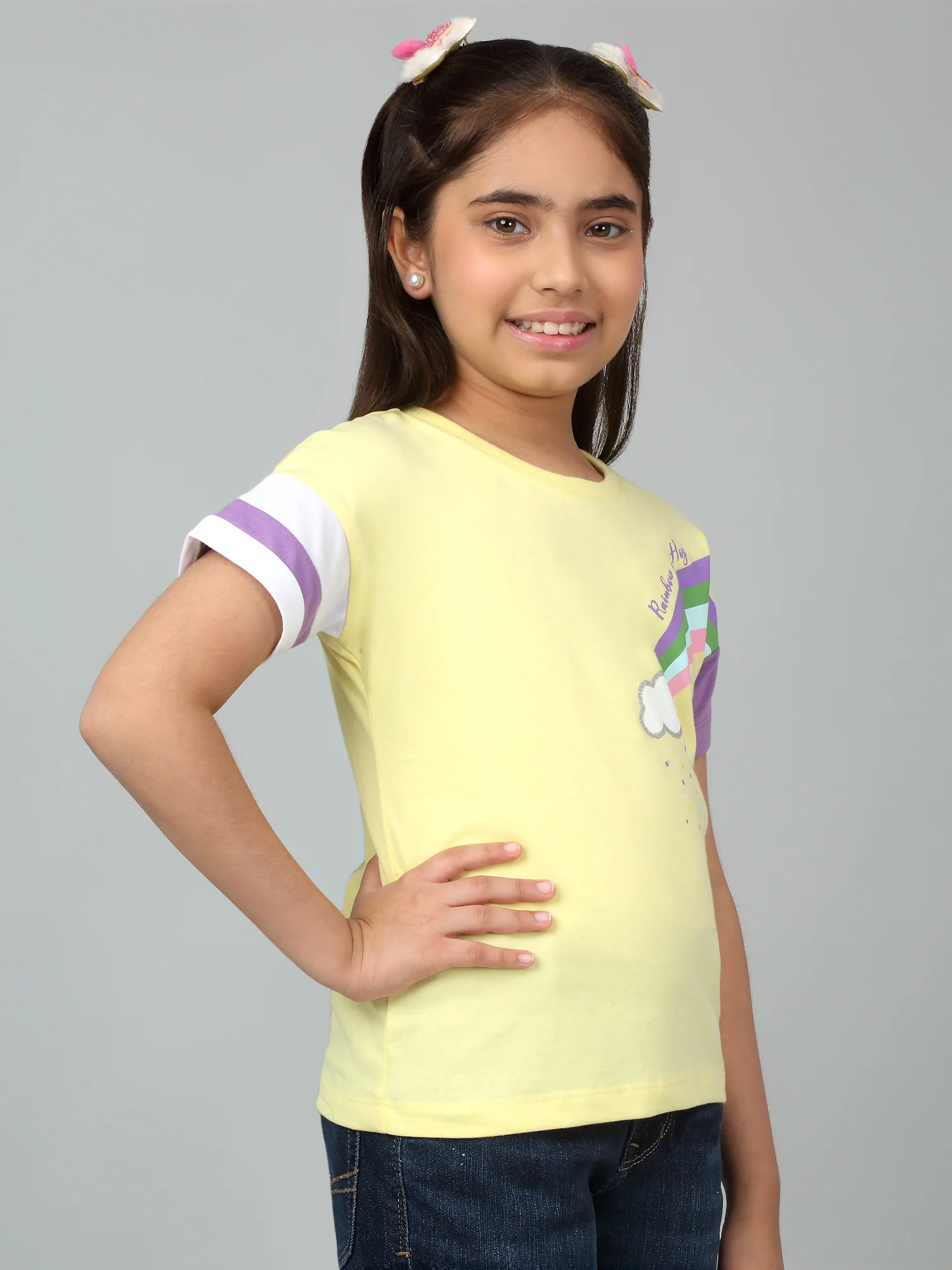 Girls Casual Yellow Extended Half Sleeves  T-Shirt - Image 3