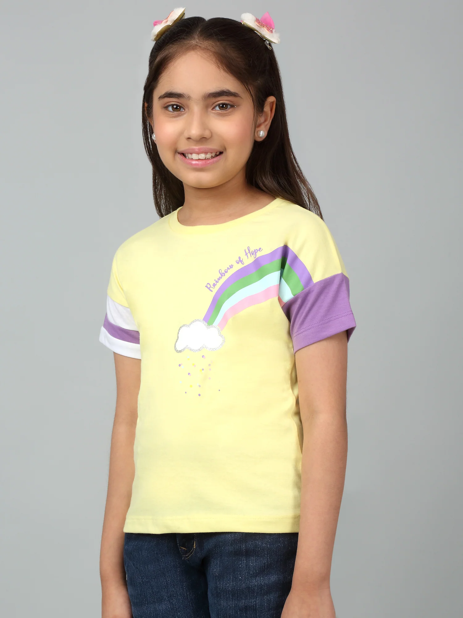 Girls Casual Yellow Extended Half Sleeves  T-Shirt - Image 4