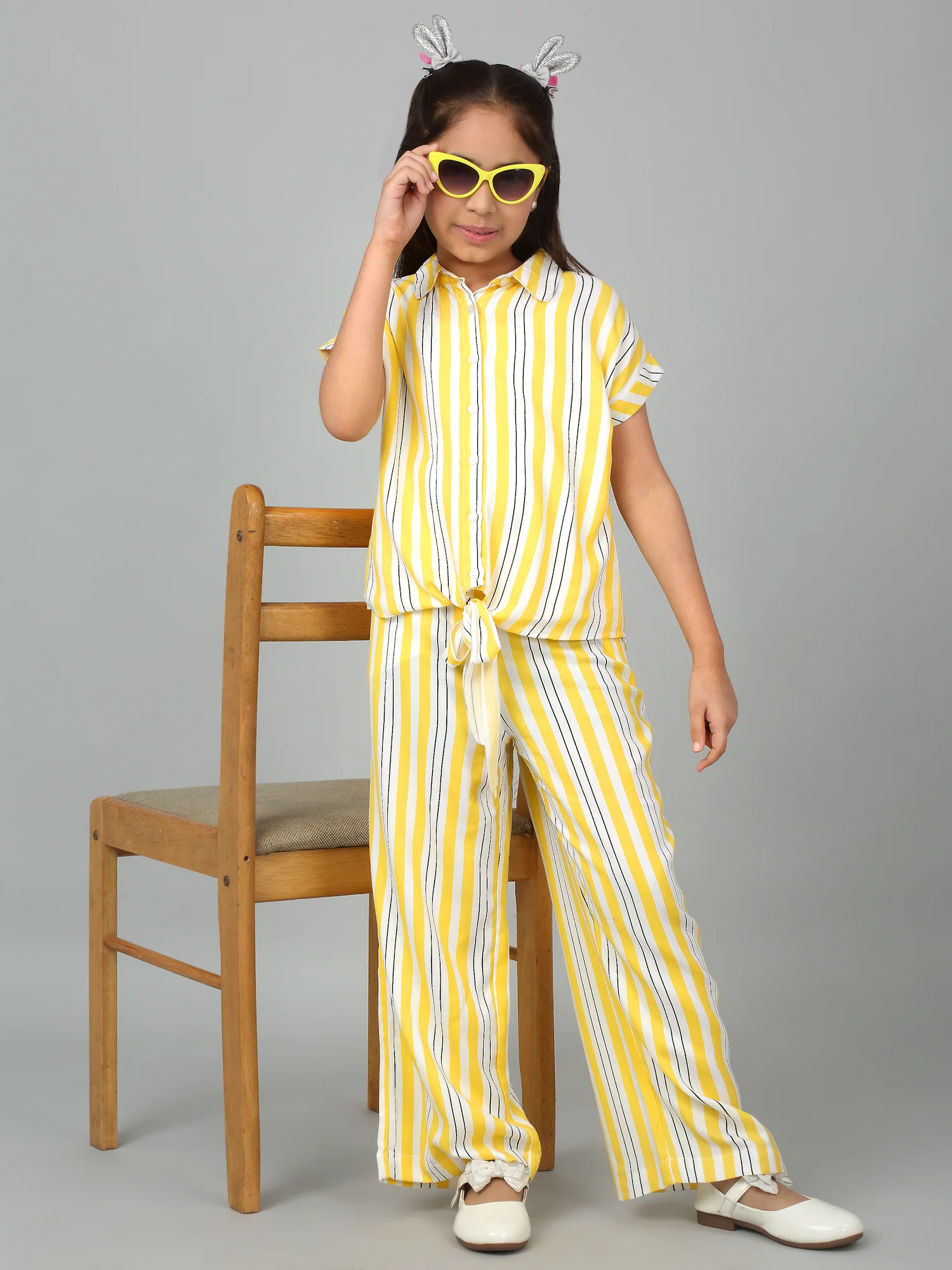 Girls Yellow Striped Casual Co-Ord Set - Image 7