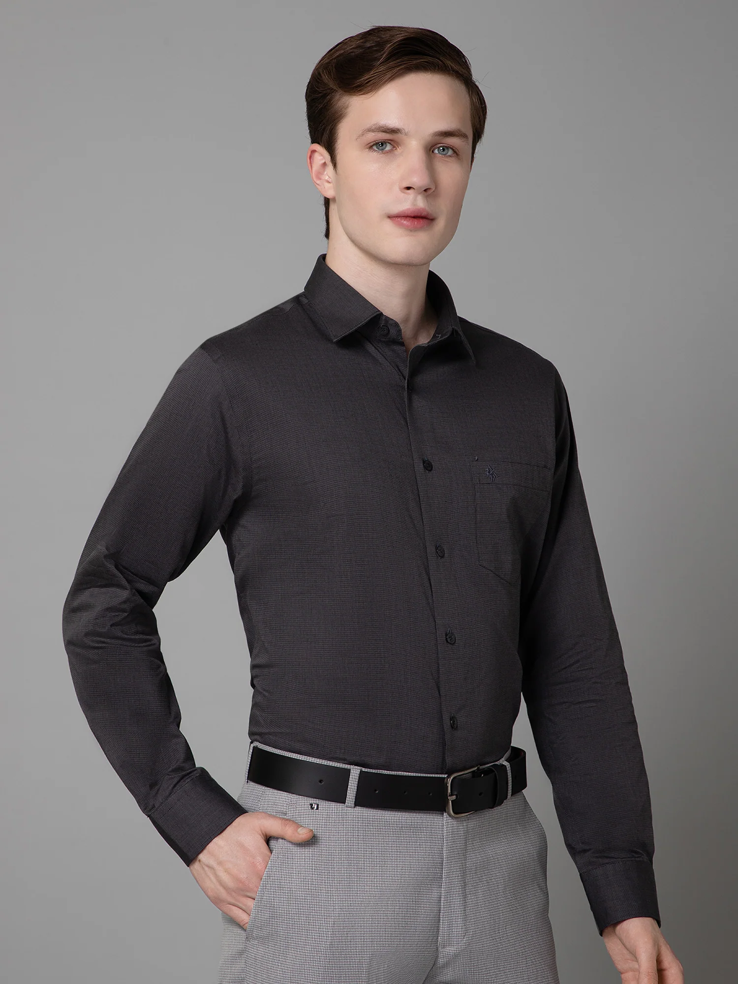 Men's Dark Grey Formal Fil a Fil Plain Full Sleeve Shirt - Image 3