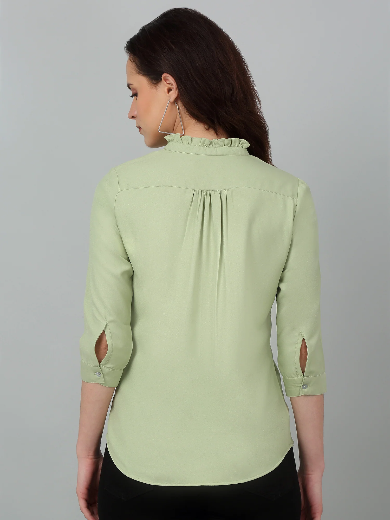 Women's Casual  Green Solid Mandarin Collar Top - Image 2