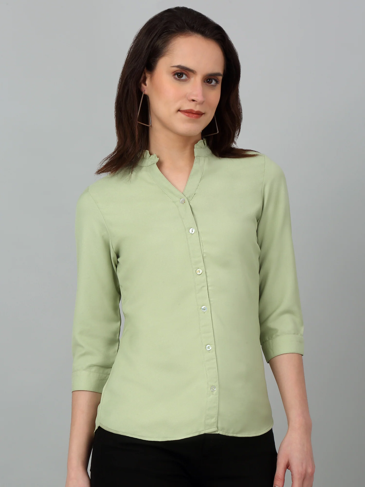 Women's Casual  Green Solid Mandarin Collar Top - Image 3
