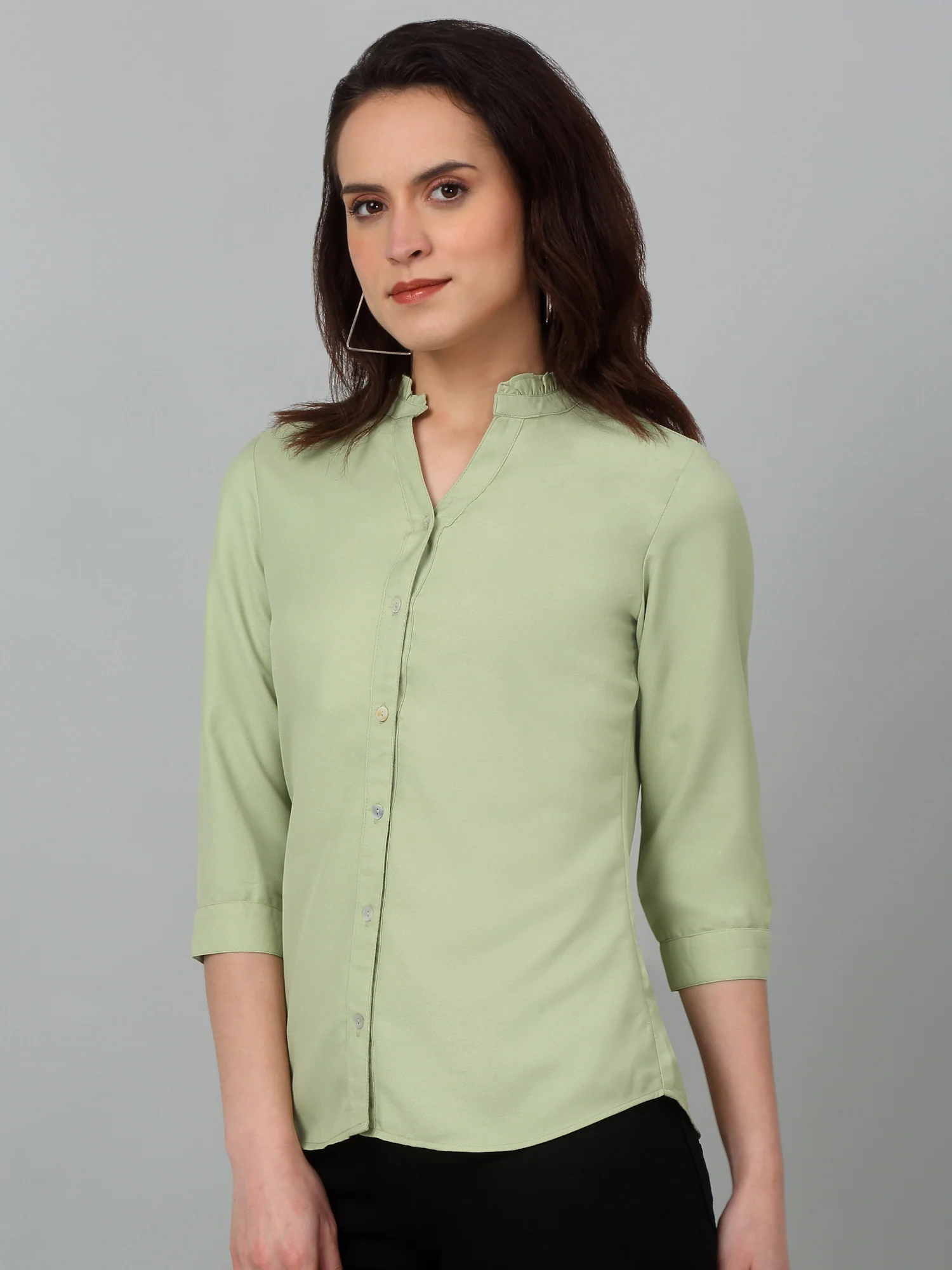 Women's Casual  Green Solid Mandarin Collar Top - Image 4