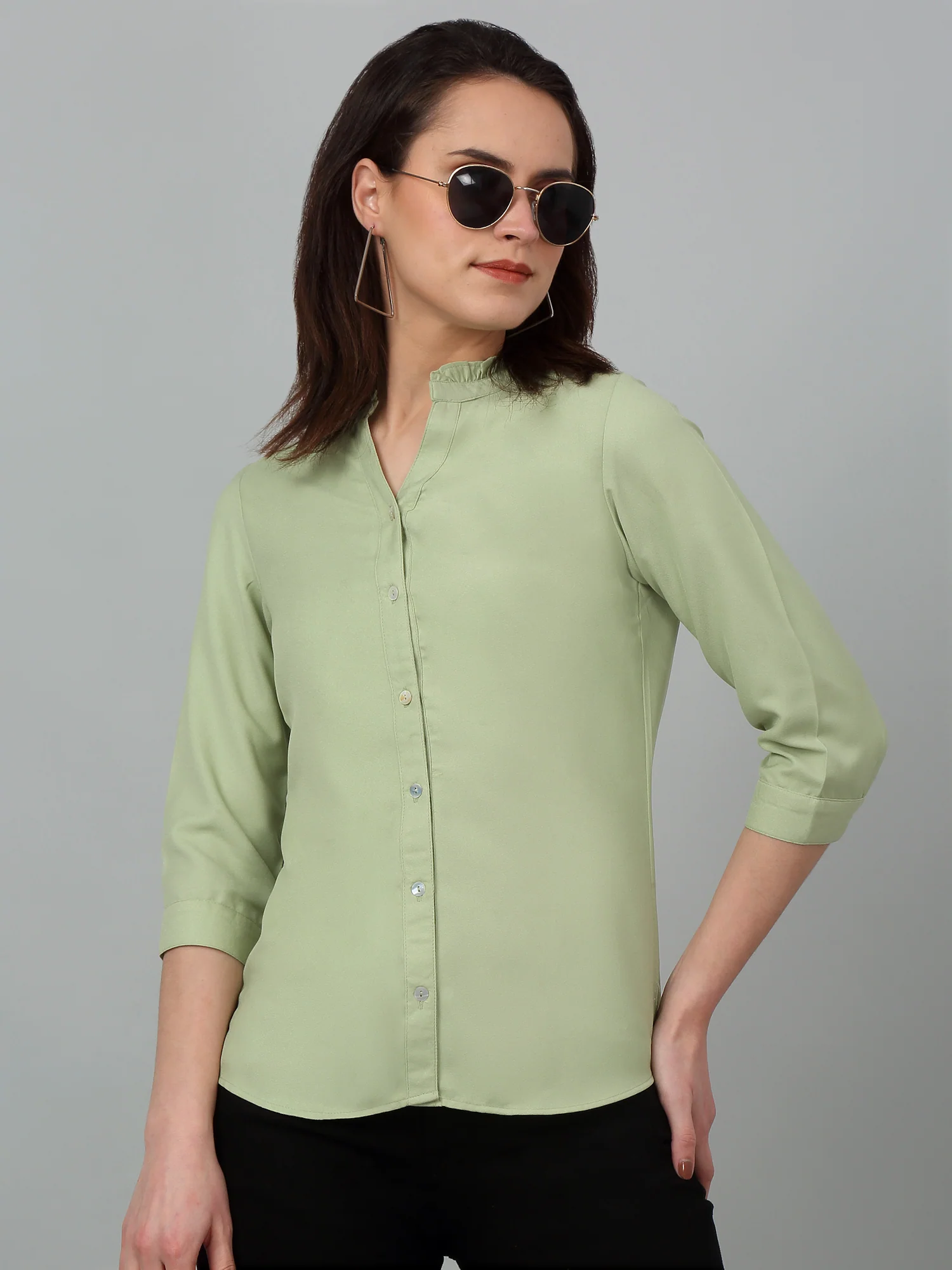 Women's Casual  Green Solid Mandarin Collar Top - Image 6