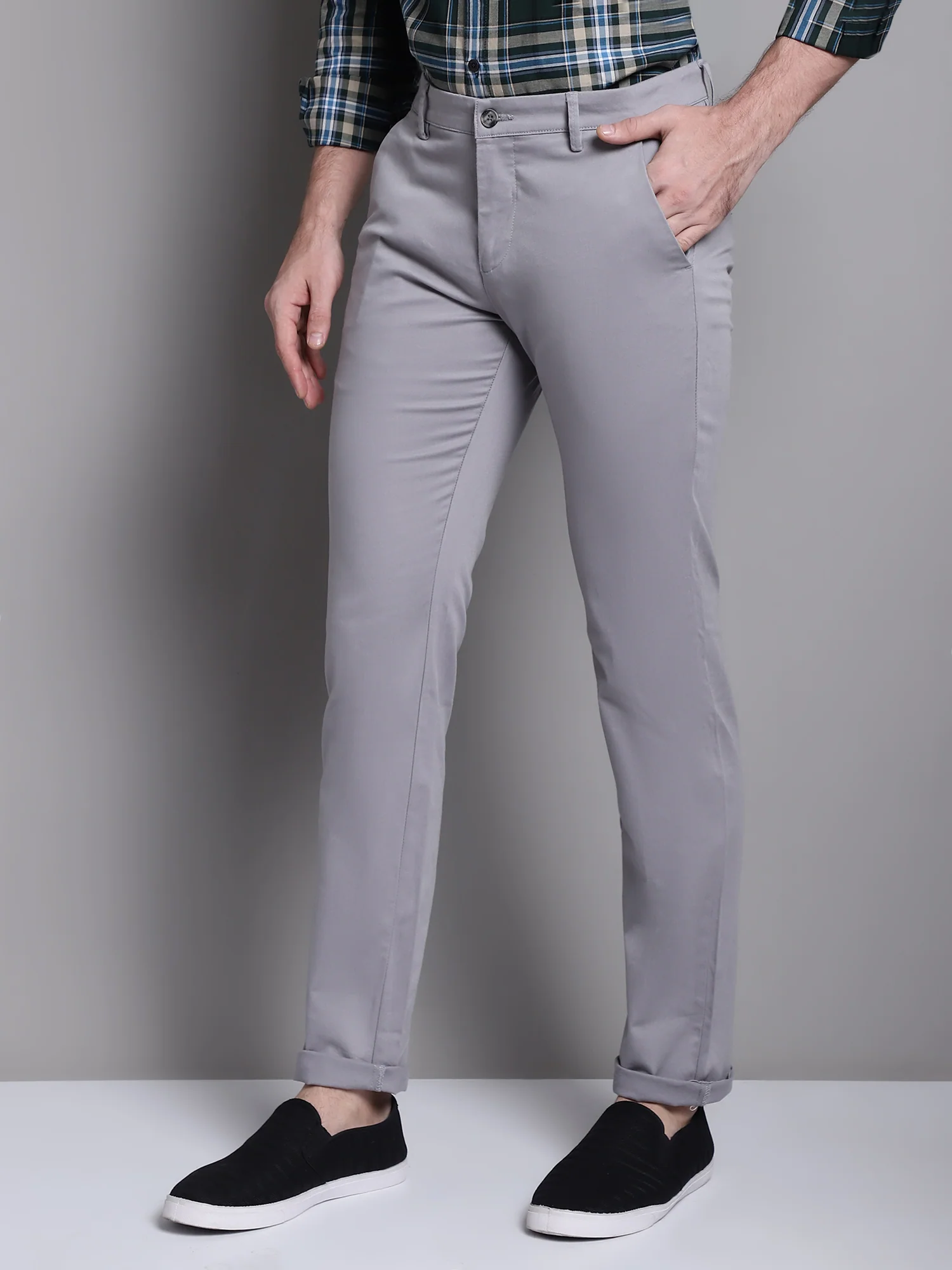 Men's Casual Flat front Grey  Trousers - Image 3